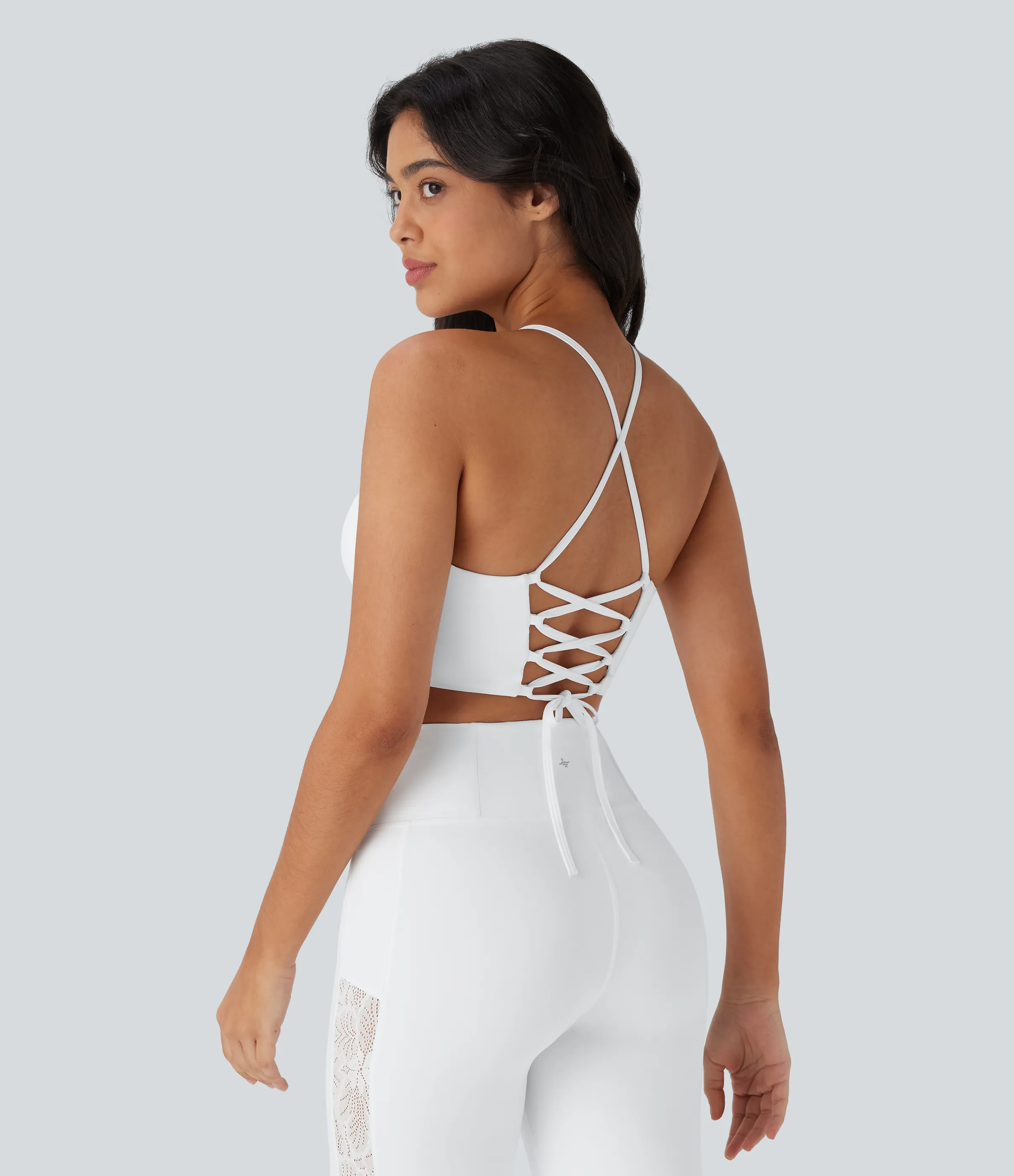 Halara Sujetador deportivo de yoga Softlyzero™ UPF50+ de sujeción baja con espalda abierta con cordones cruzados con cordones y encaje - White - XL sold by Halara product image thumbnail 5