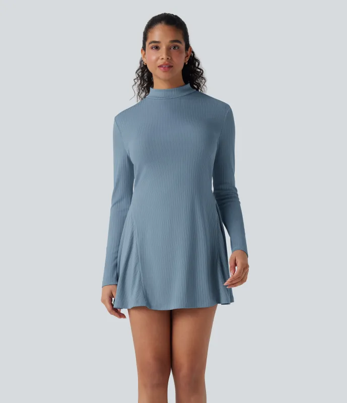 Halara Vestido casual mini de punto acanalado con cuello alto y manga larga - Mountain Spring - M sold by Halara