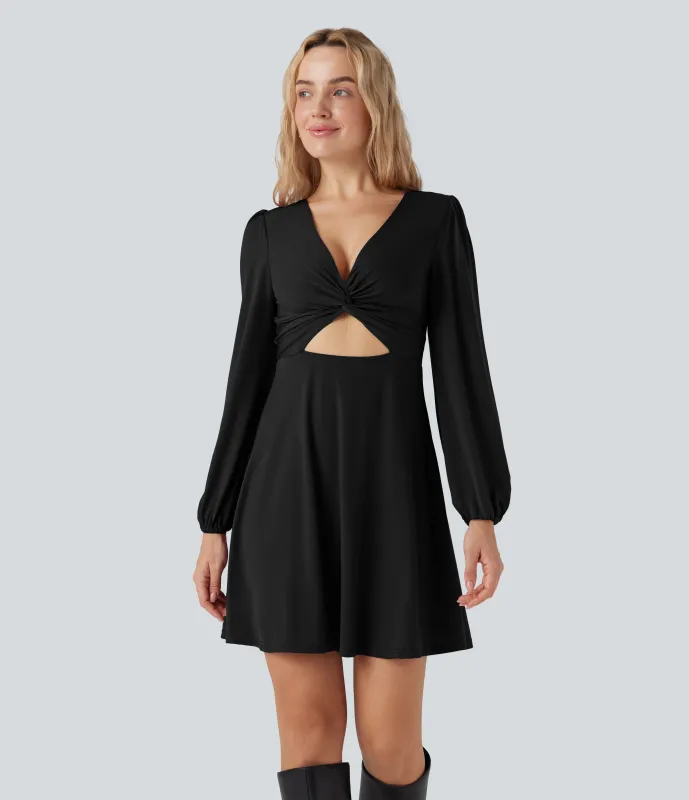 Halara Vestido mini con escote en V, abertura y manga larga con cremallera - Black - XS sold by Halara
