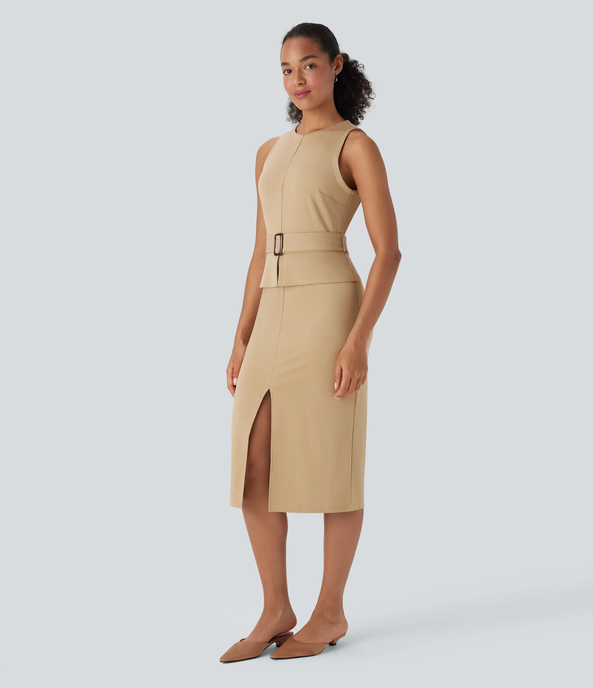 Halara Vestido de oficina midi sin mangas con abertura en la espalda y cinturón - Almond Buff - M sold by Halara product image thumbnail 4