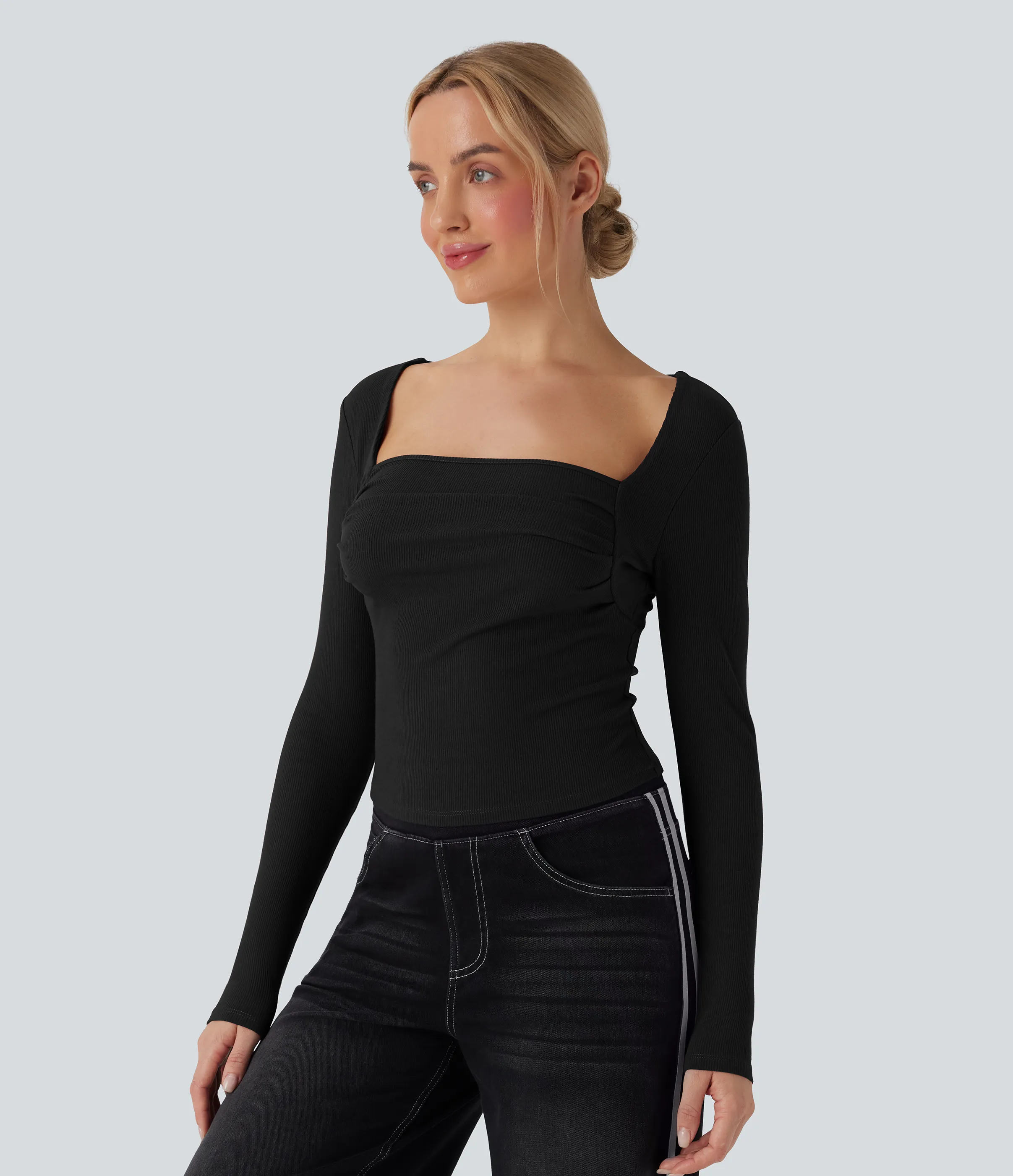 Halara Top casual fruncido de manga larga con cuello cuadrado - Black - XS sold by Halara product image thumbnail 4