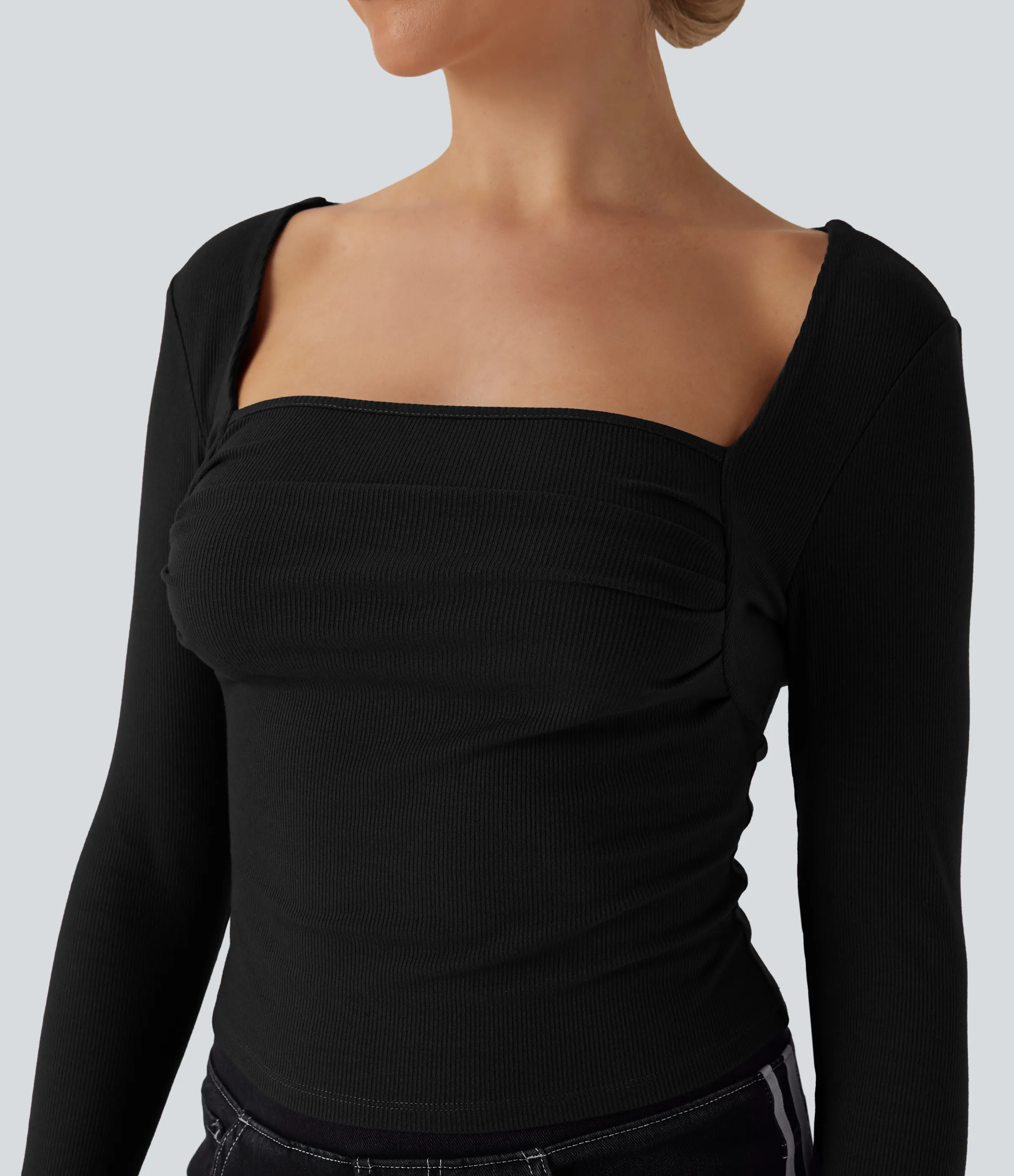 Halara Top casual fruncido de manga larga con cuello cuadrado - Black - XS sold by Halara product image thumbnail 5