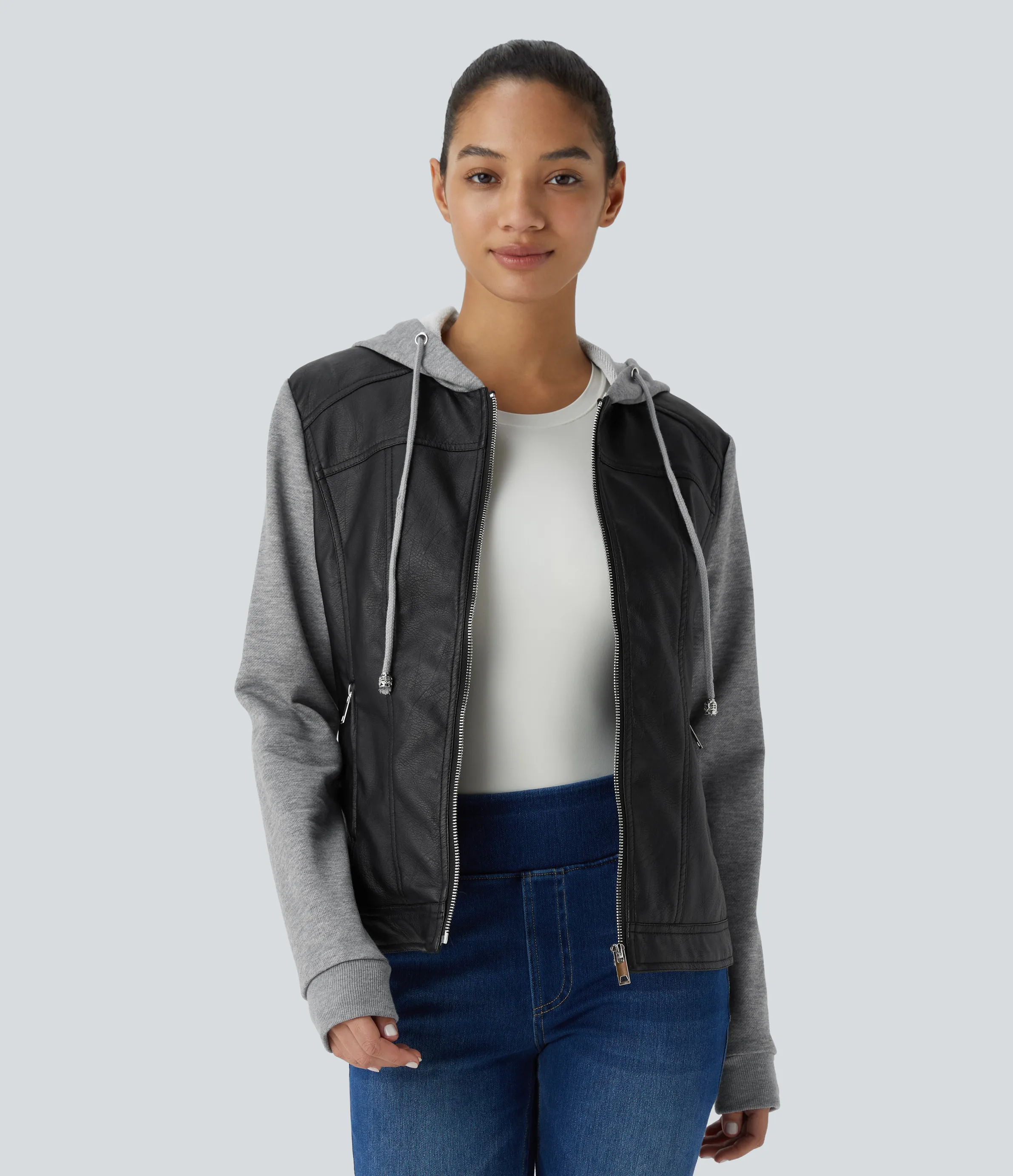 Halara Chaqueta piel sintética capucha cordón ajustable bolsillo lateral cremallera contrastante - Black - L sold by Halara product image thumbnail 2