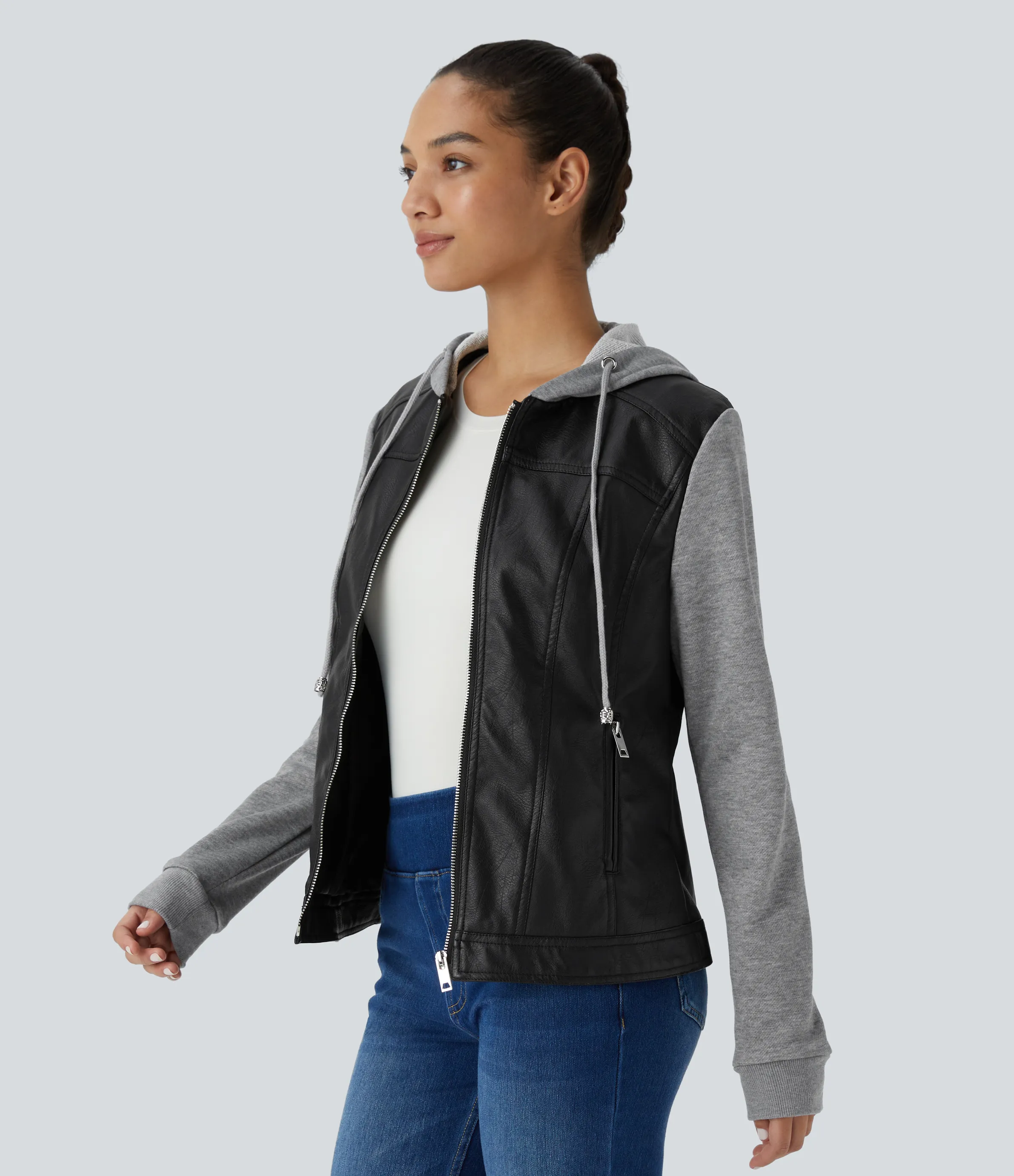 Halara Chaqueta piel sintética capucha cordón ajustable bolsillo lateral cremallera contrastante - Black - L sold by Halara product image thumbnail 4