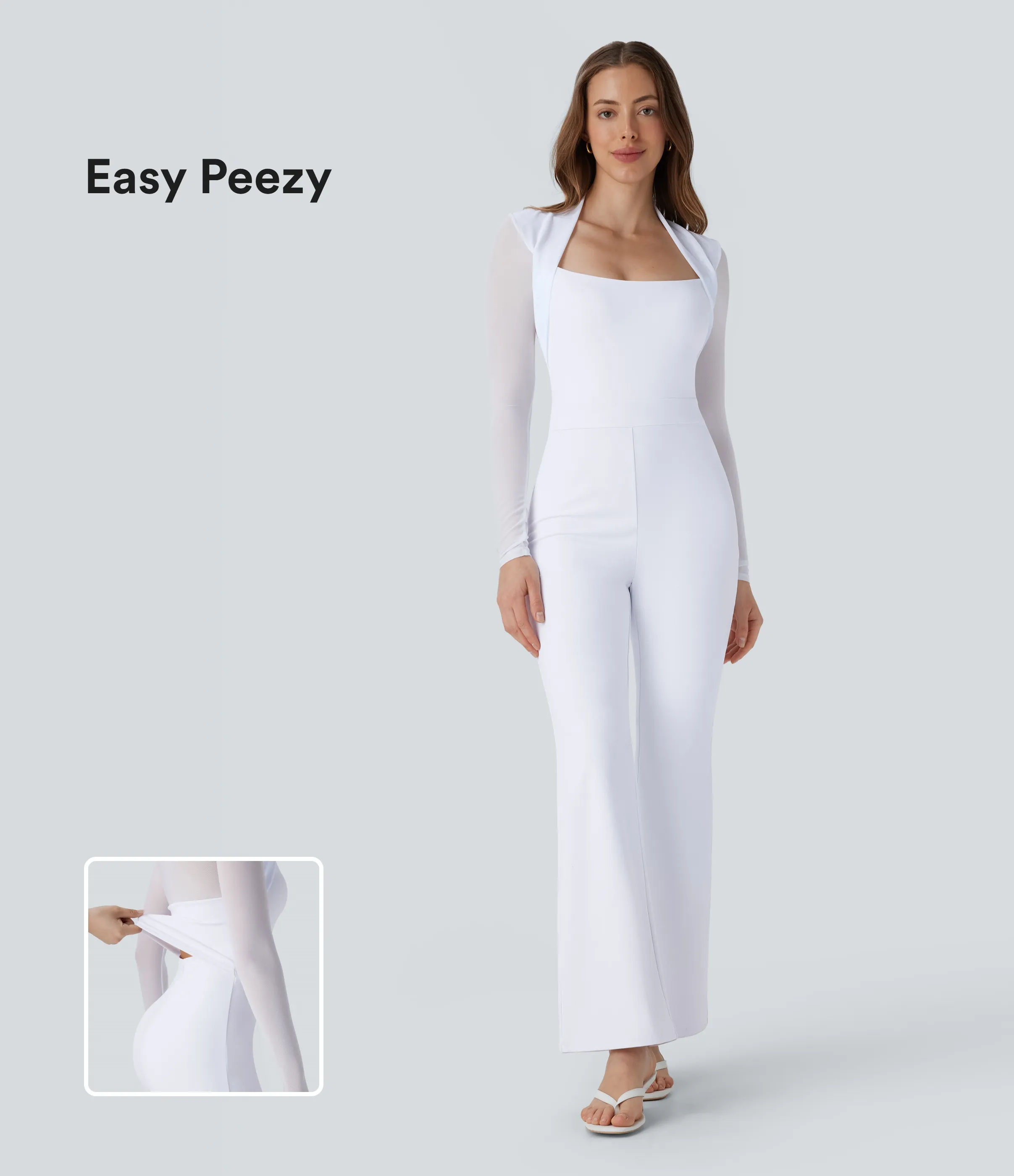 Halara Mono manga larga abertura bajo cremallera malla contrastante dama honor invitada boda - Edición Easy Peezy - White - XL(regular) sold by Halara