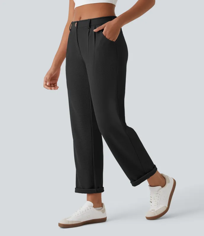 Halara Pantalones gofre bolsillo lateral cremallera botón tiro medio - Black - S(petite) sold by Halara