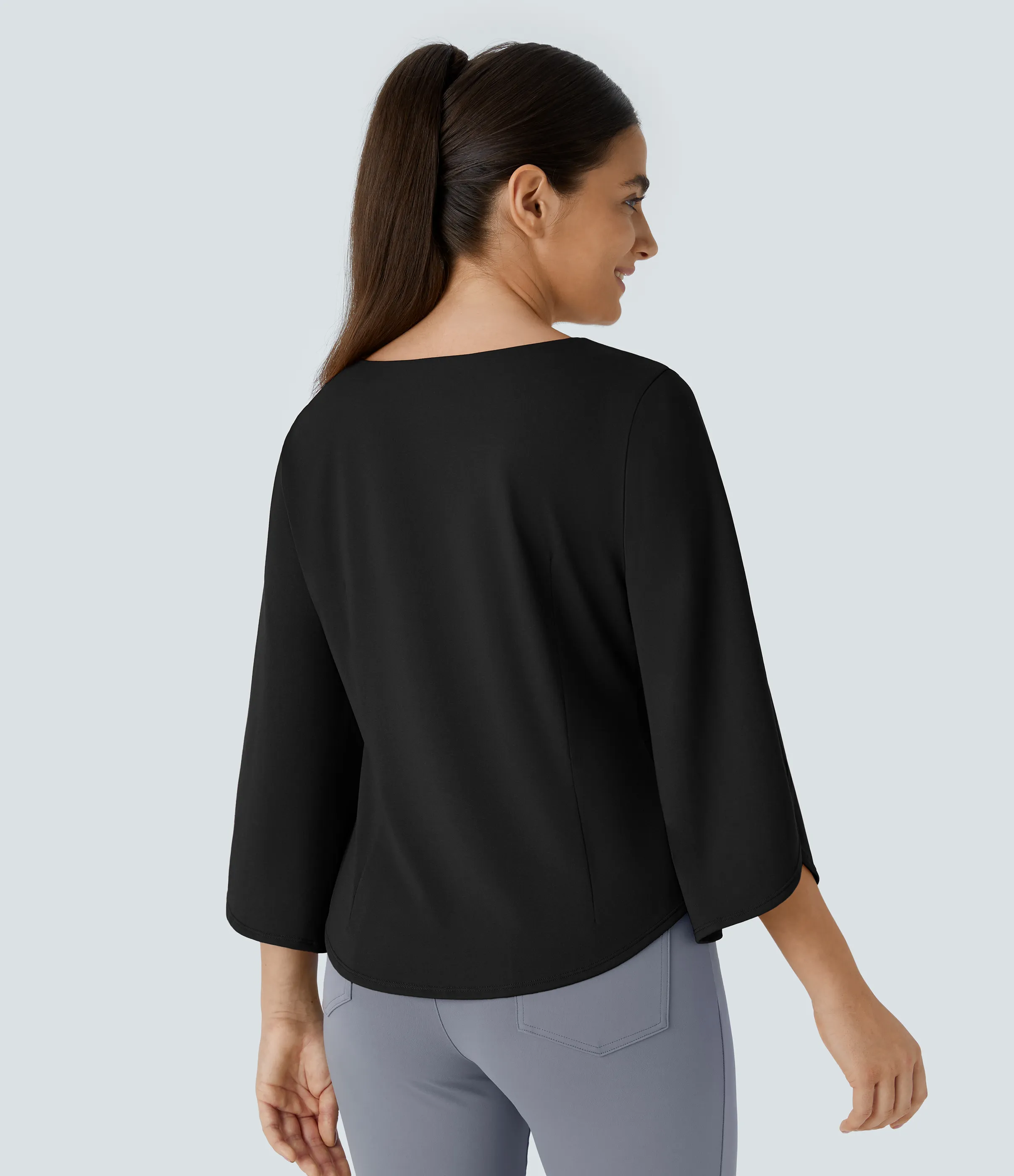 Halara Top oficina dobladillo curvado manga 3/4 cuello V - Black - M sold by Halara product image thumbnail 3