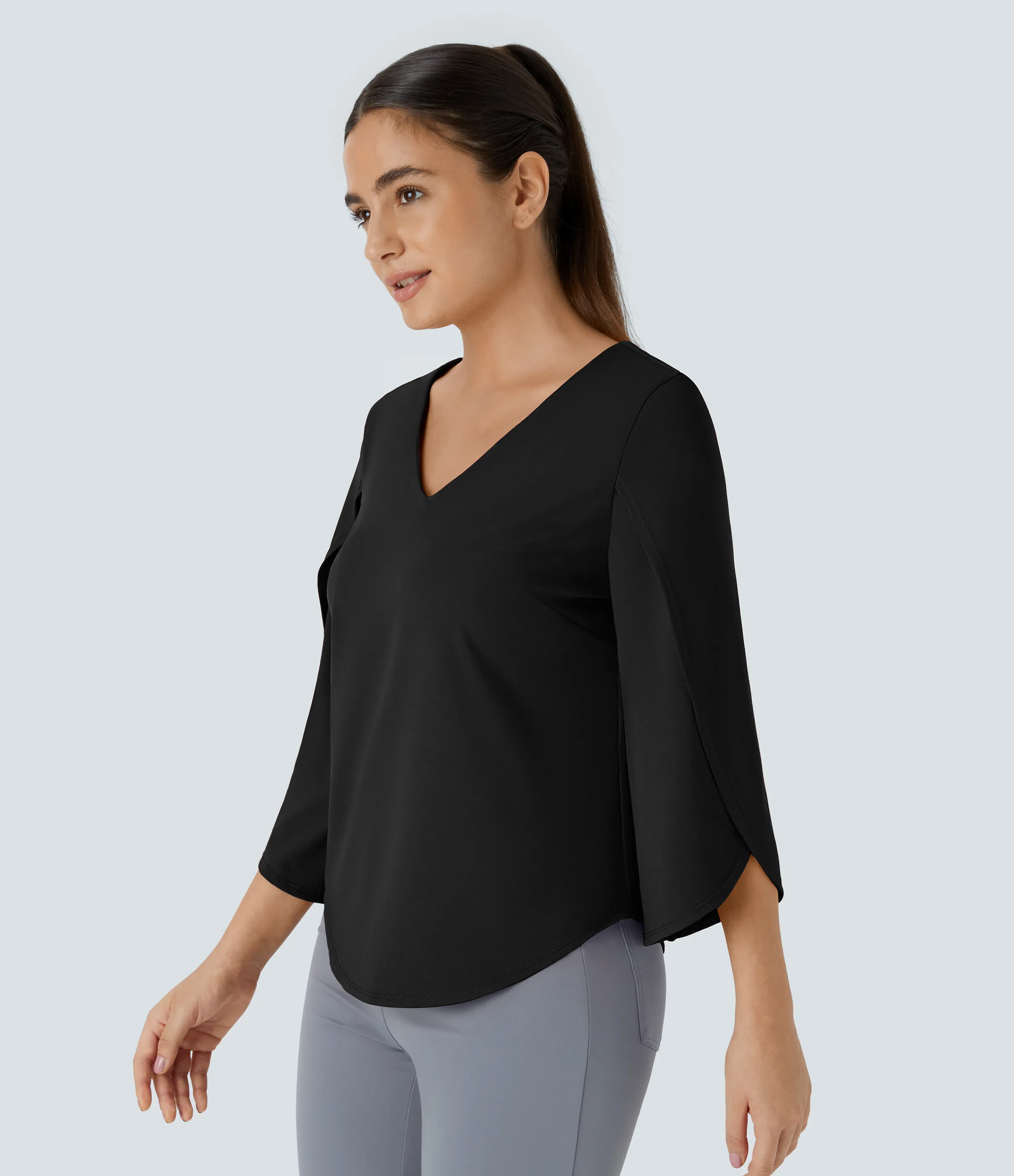 Halara Top oficina dobladillo curvado manga 3/4 cuello V - Black - M sold by Halara product image thumbnail 4