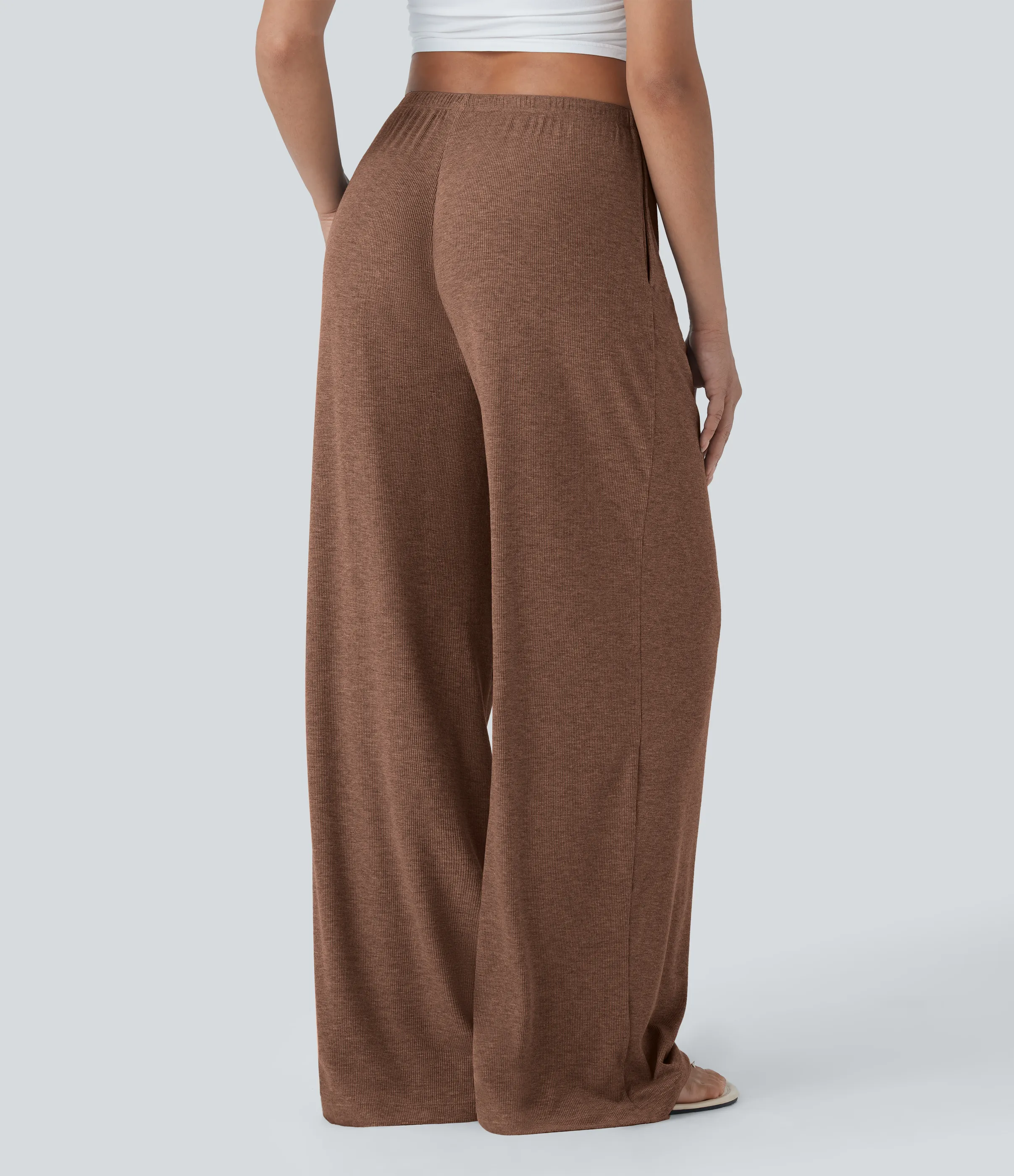 Halara Pantalones casuales anchos y holgados de tiro bajo elásticos, acanalados y agradables al tacto con cordón y bolsillos laterales - Pecan Pie - M(regular) sold by Halara product image thumbnail 3