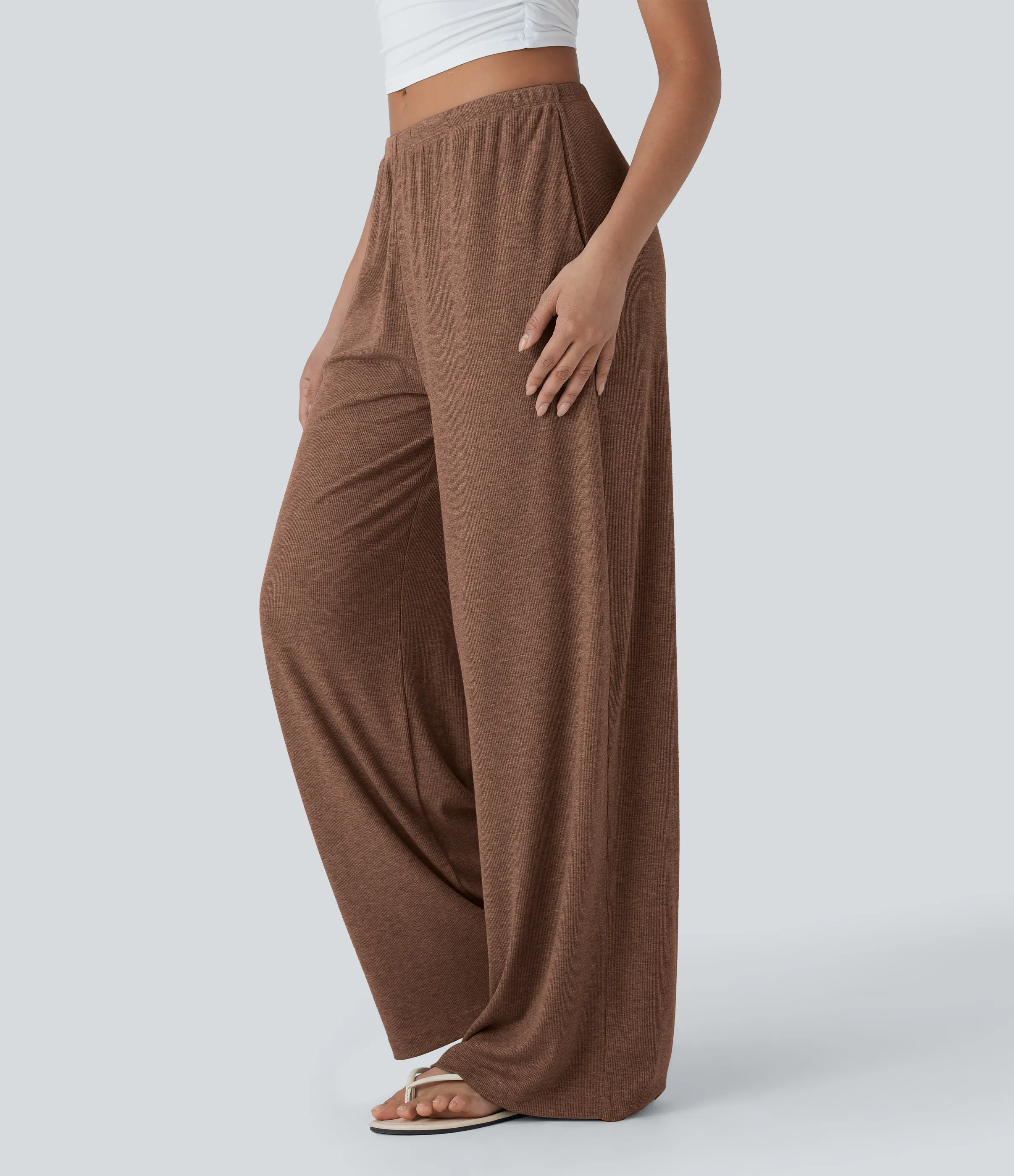 Halara Pantalones casuales anchos y holgados de tiro bajo elásticos, acanalados y agradables al tacto con cordón y bolsillos laterales - Pecan Pie - M(regular) sold by Halara product image thumbnail 4