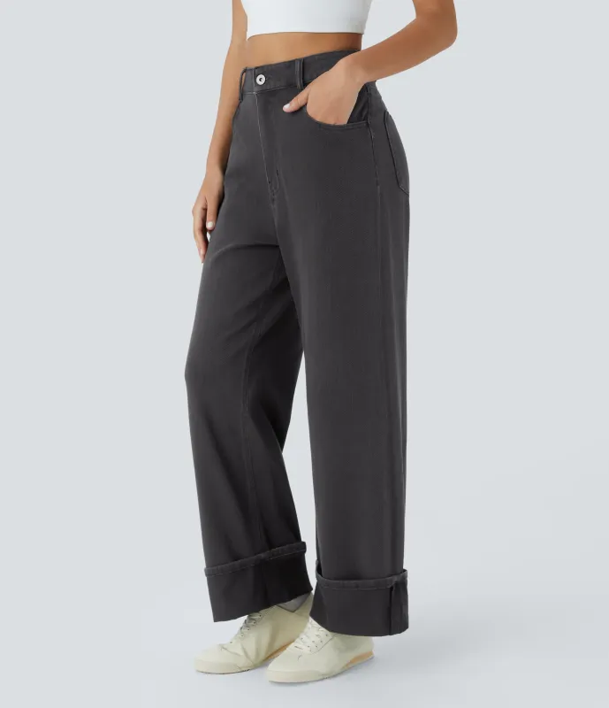 Halara Jeans Halara Flex™ Denim elástico lavado espiga tiro alto múltiple bolsillo dobladillo enrollado pierna ancha - Dark Grey Twill Denim - XS(regular) sold by Halara