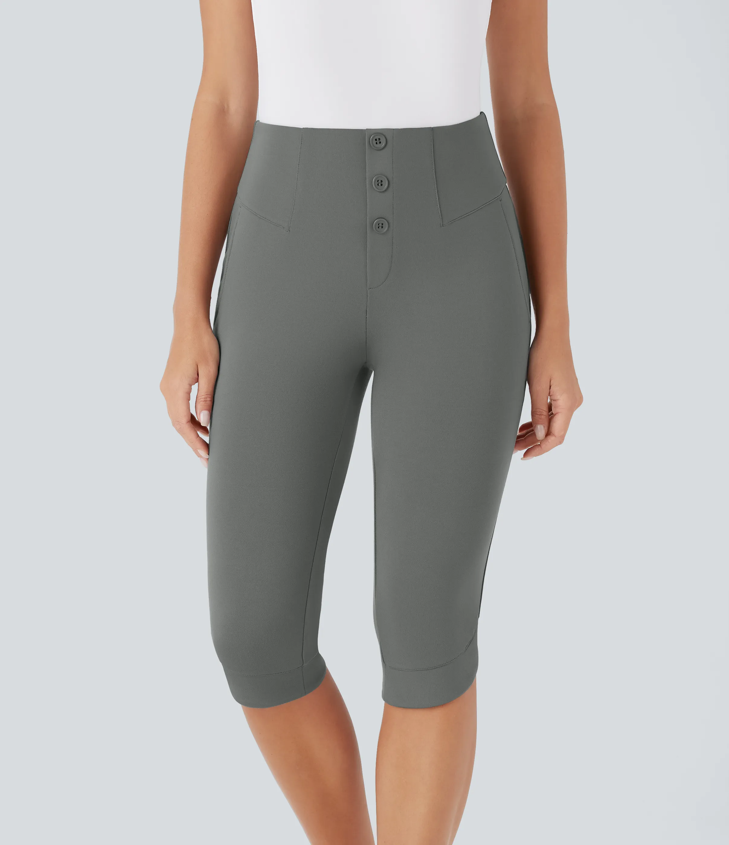 Halara Pantalón ajustado tiro alto botón decorativo bolsillo lateral dobladillo cruzado - Putty Gray - S(regular) sold by Halara product image thumbnail 2