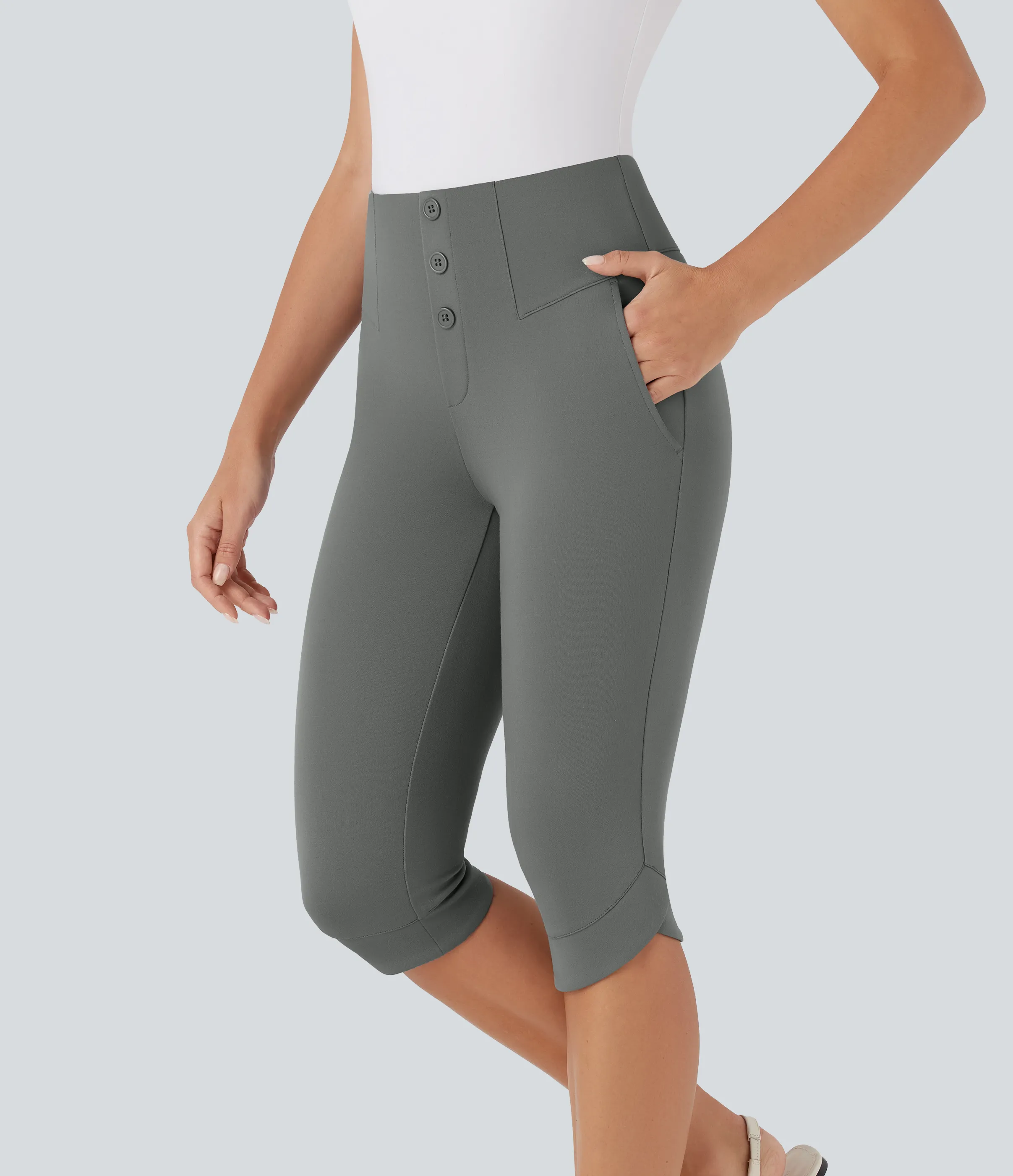 Halara Pantalón ajustado tiro alto botón decorativo bolsillo lateral dobladillo cruzado - Putty Gray - S(regular) sold by Halara product image thumbnail 4