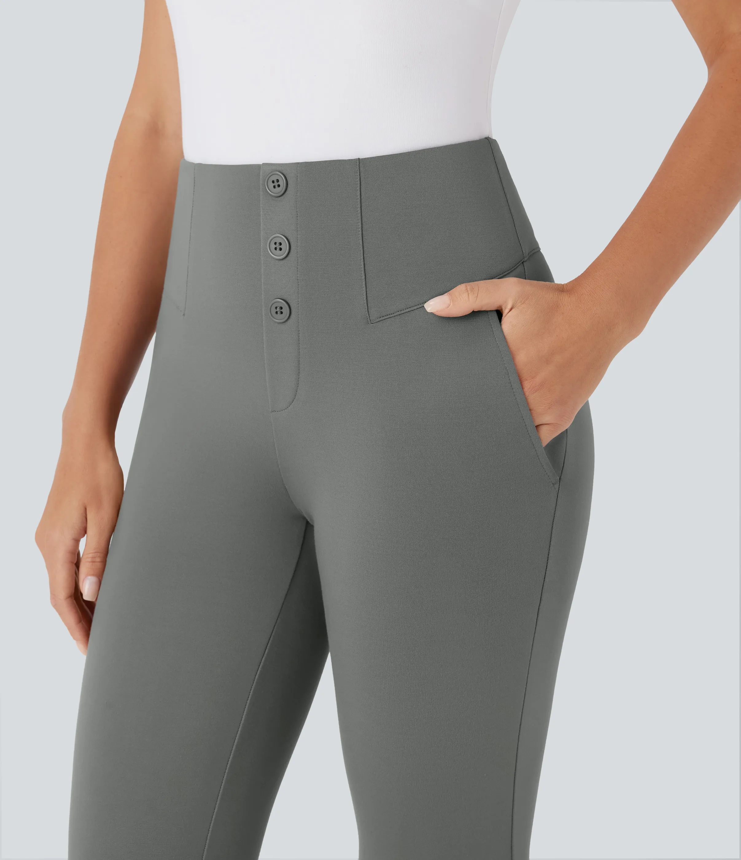 Halara Pantalón ajustado tiro alto botón decorativo bolsillo lateral dobladillo cruzado - Putty Gray - S(regular) sold by Halara product image thumbnail 5