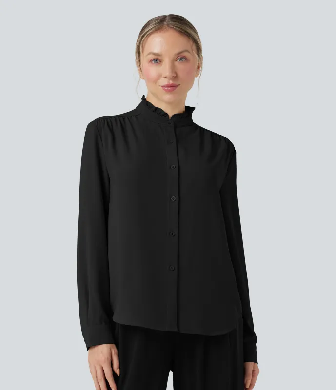 Halara Camisa casual de manga larga antiarrugas con cuello alto y ribete - Black - XS sold by Halara