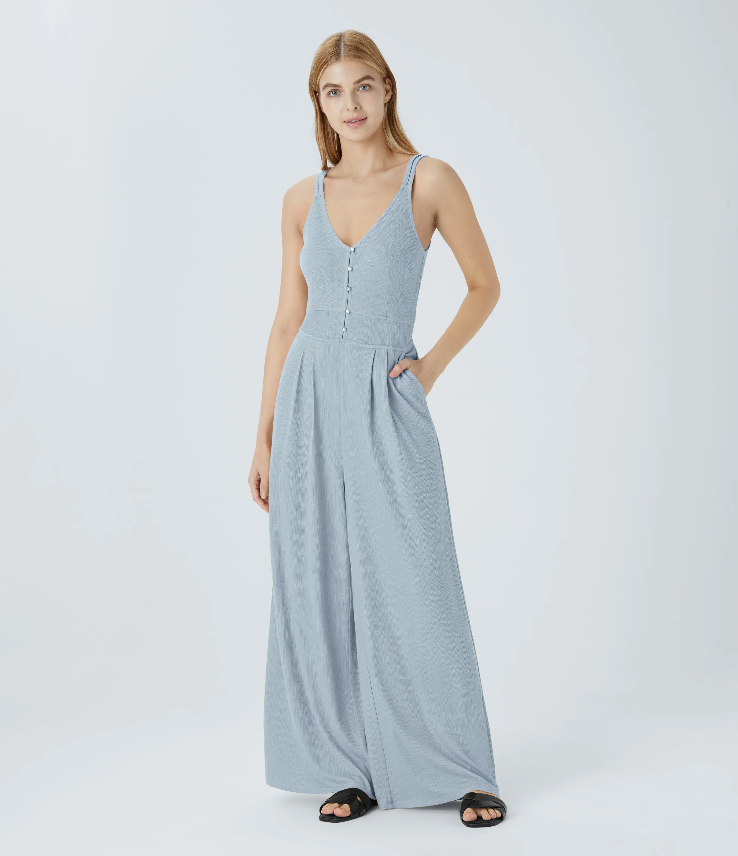 Halara Mono pierna ancha bolsillo lateral botón cuello V tirante doble - Misty Rain Grey - XL sold by Halara product image thumbnail 2