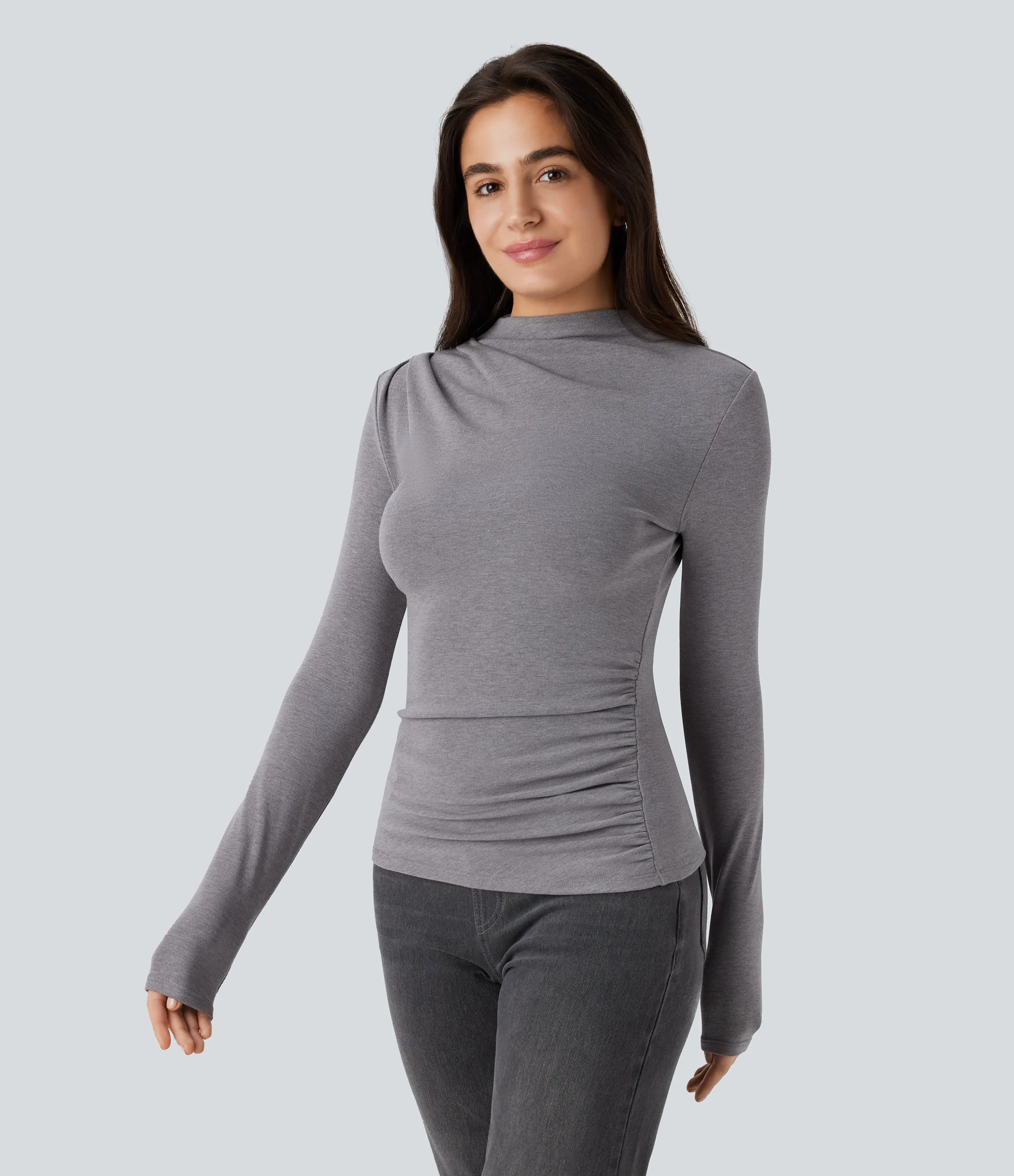 Halara Top térmico ajustado manga larga cuello alto fruncido - Mottled Cloud Grey - M sold by Halara product image thumbnail 4