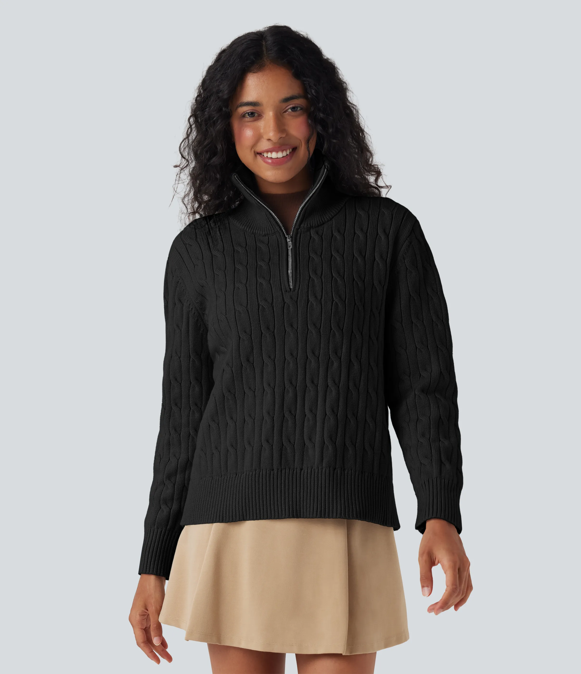 Halara Suéter de oficina de punto trenzado con cuello alto y media cremallera - Black - L sold by Halara