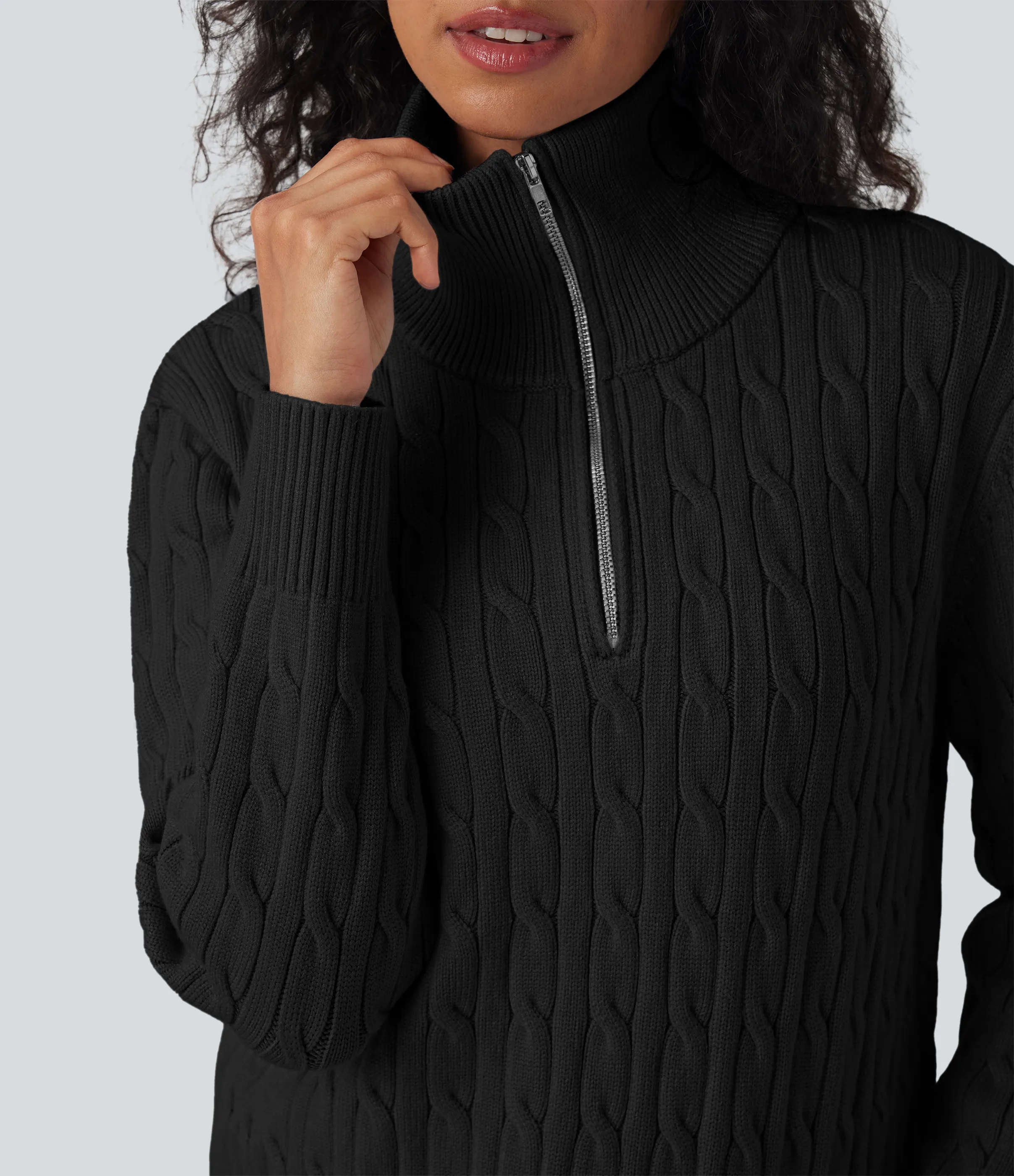 Halara Suéter de oficina de punto trenzado con cuello alto y media cremallera - Black - L sold by Halara product image thumbnail 5