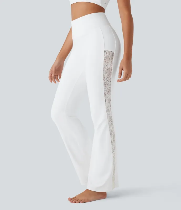 Halara Leggings acampanados de yoga Softlyzero™ UPF 50+ de tiro alto con encaje en contraste y bolsillo - White - XL(regular) sold by Halara