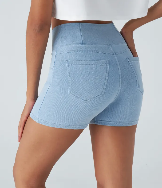 Halara Pantalón corto Halara Flex™ Denim elástico bolsillo lateral cruzado trasera tiro alto 7.5cm - Washed Denim Sunny Blue - XS sold by Halara