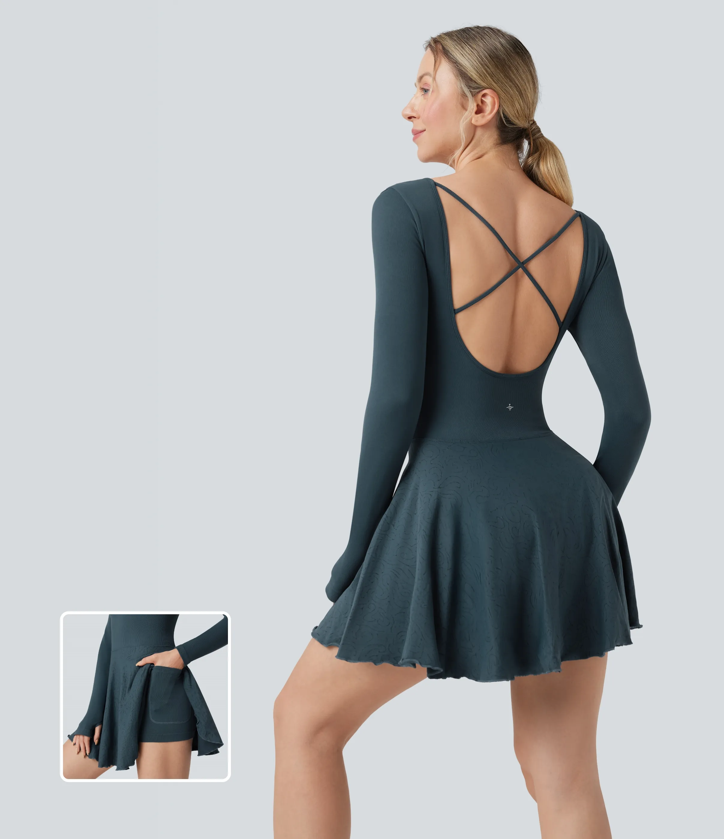 Halara Vestido mini deportivo de tenis 2 en 1 con bolsillos de mangas larga con espalda descubierta y aberturas para los pulgares - Stargazer - XS sold by Halara product image thumbnail 2