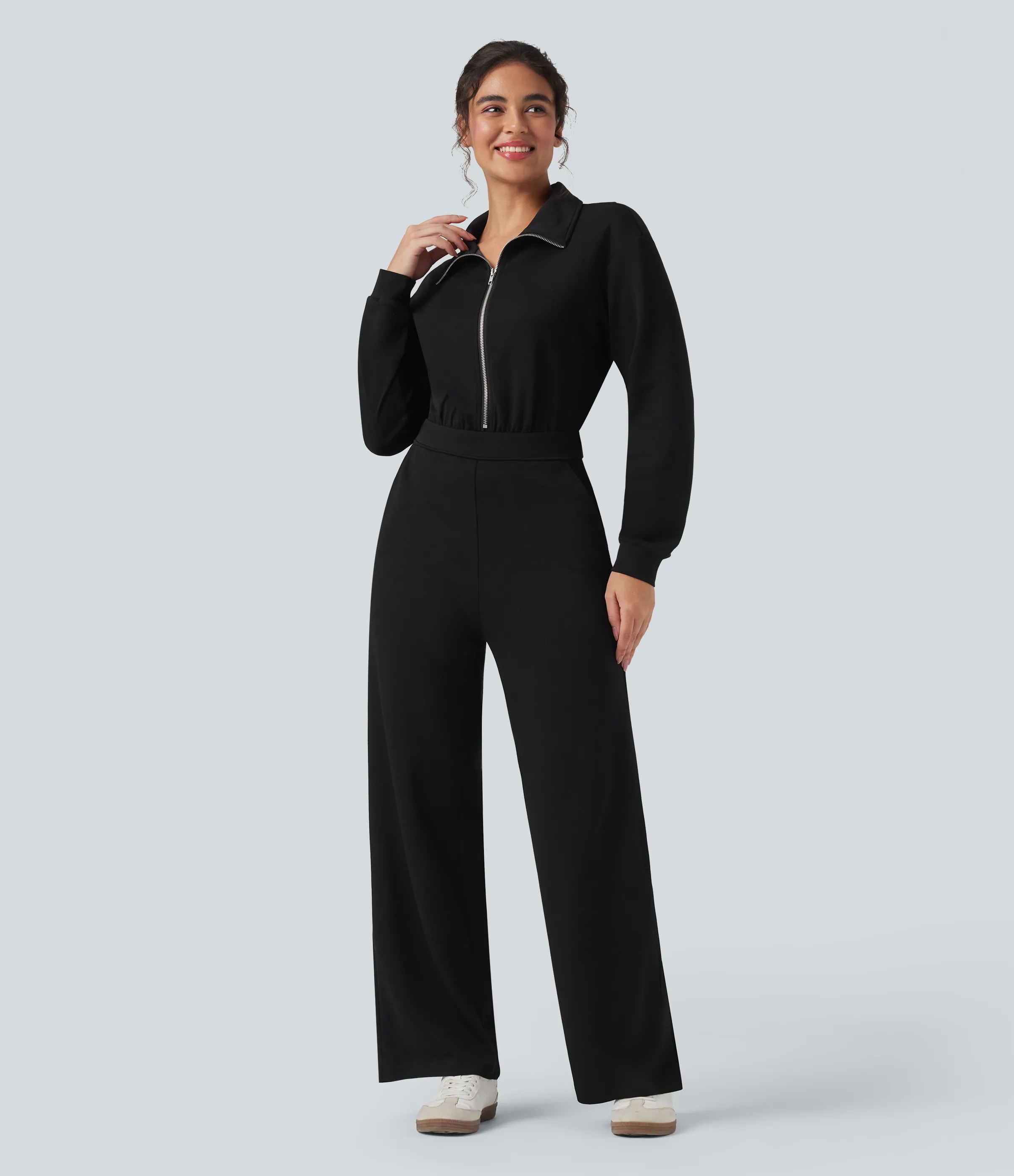 Halara Jumpsuit casual de manga larga con solapa y cremallera y bolsillos - Easy Peezy - Black - L(regular) sold by Halara product image thumbnail 2