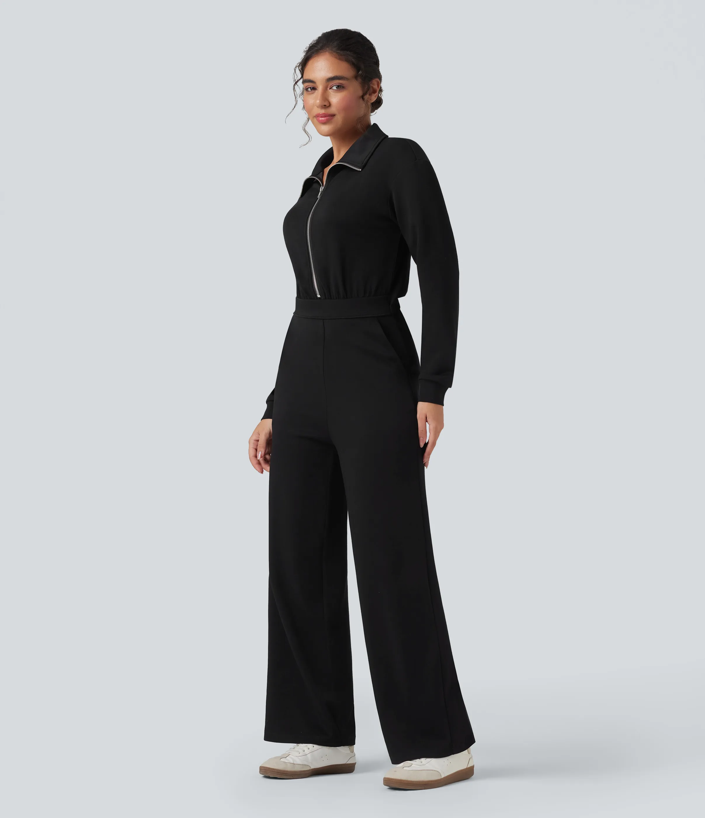 Halara Jumpsuit casual de manga larga con solapa y cremallera y bolsillos - Easy Peezy - Black - L(regular) sold by Halara product image thumbnail 4