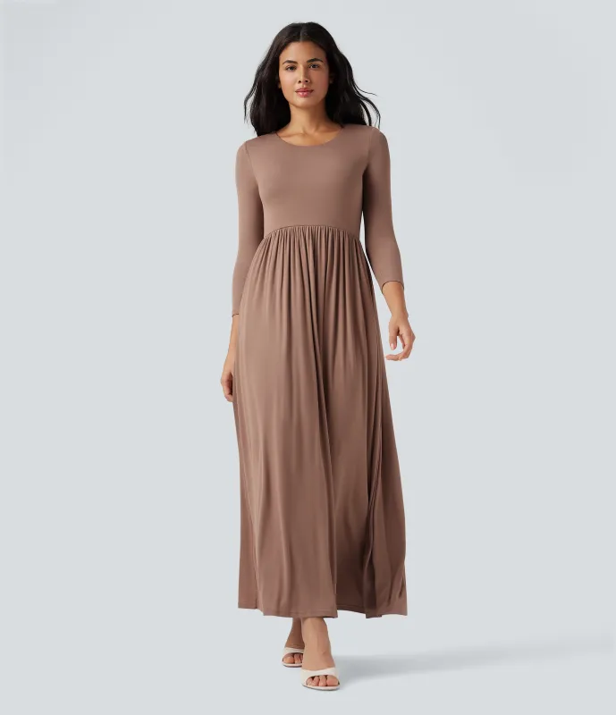 Halara Vestido maxi casual fluido con cuello redondo acanalado y mangas 3/4 con bolsillos - Beaver Fur - XL made by Halara