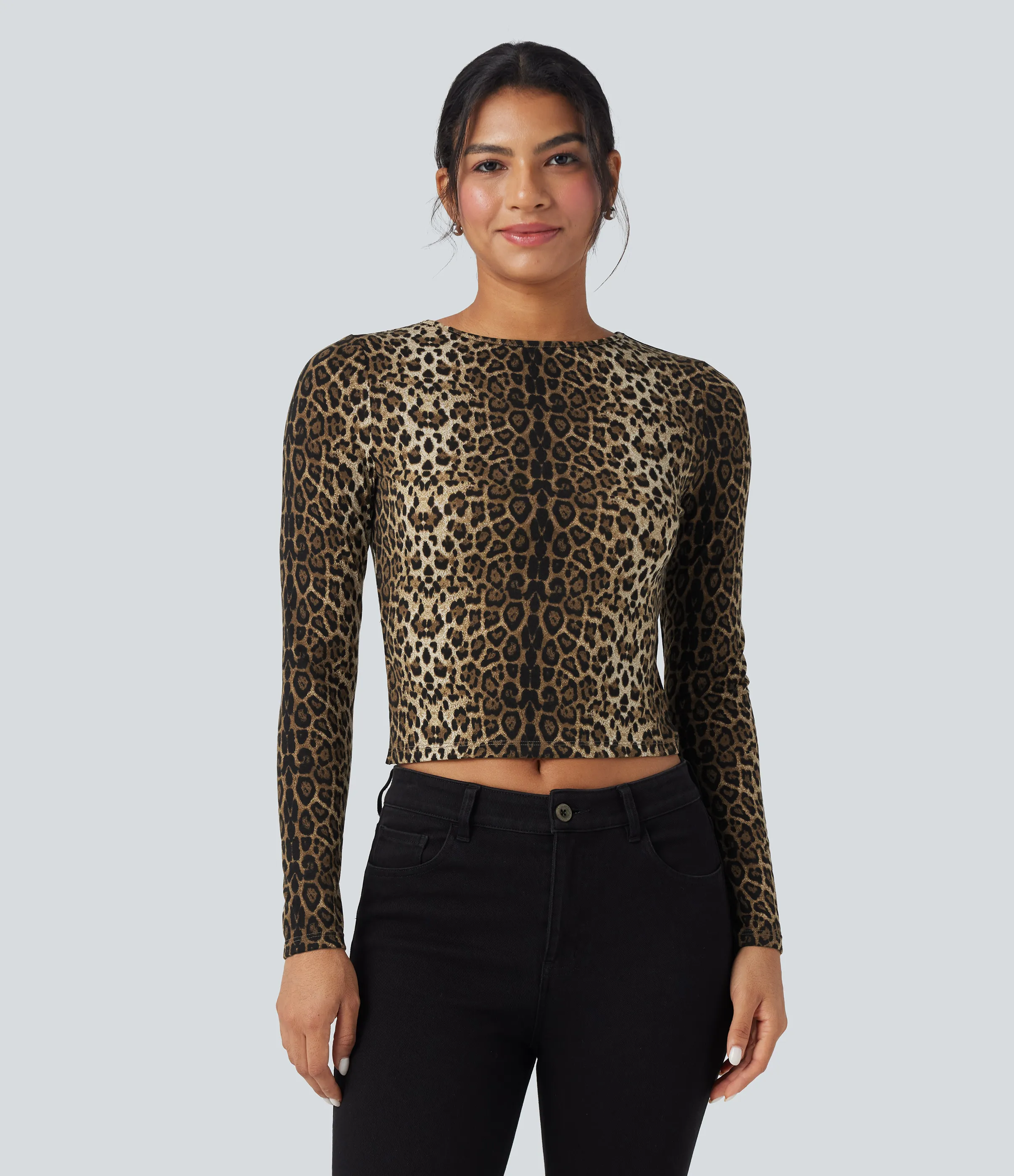 Halara Top casual ajustado de manga larga con estampado de leopardo con cuello redondo y lazo en la espalda - Safari Spot - L sold by Halara product image thumbnail 3