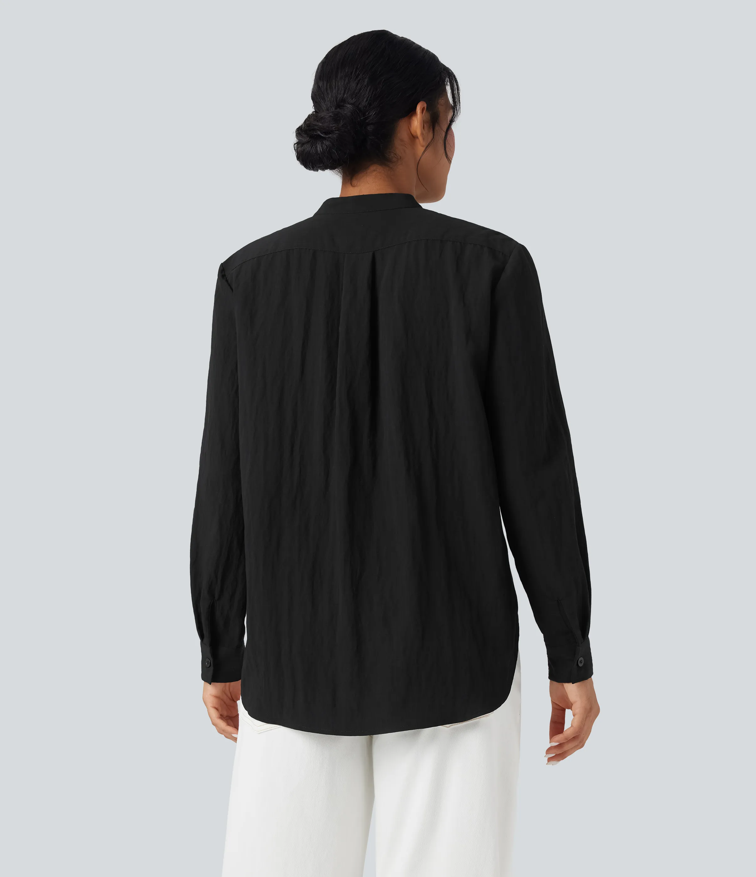 Halara Camisa casual de manga larga con dobladillo curvo y bolsillo - Black - L sold by Halara product image thumbnail 3