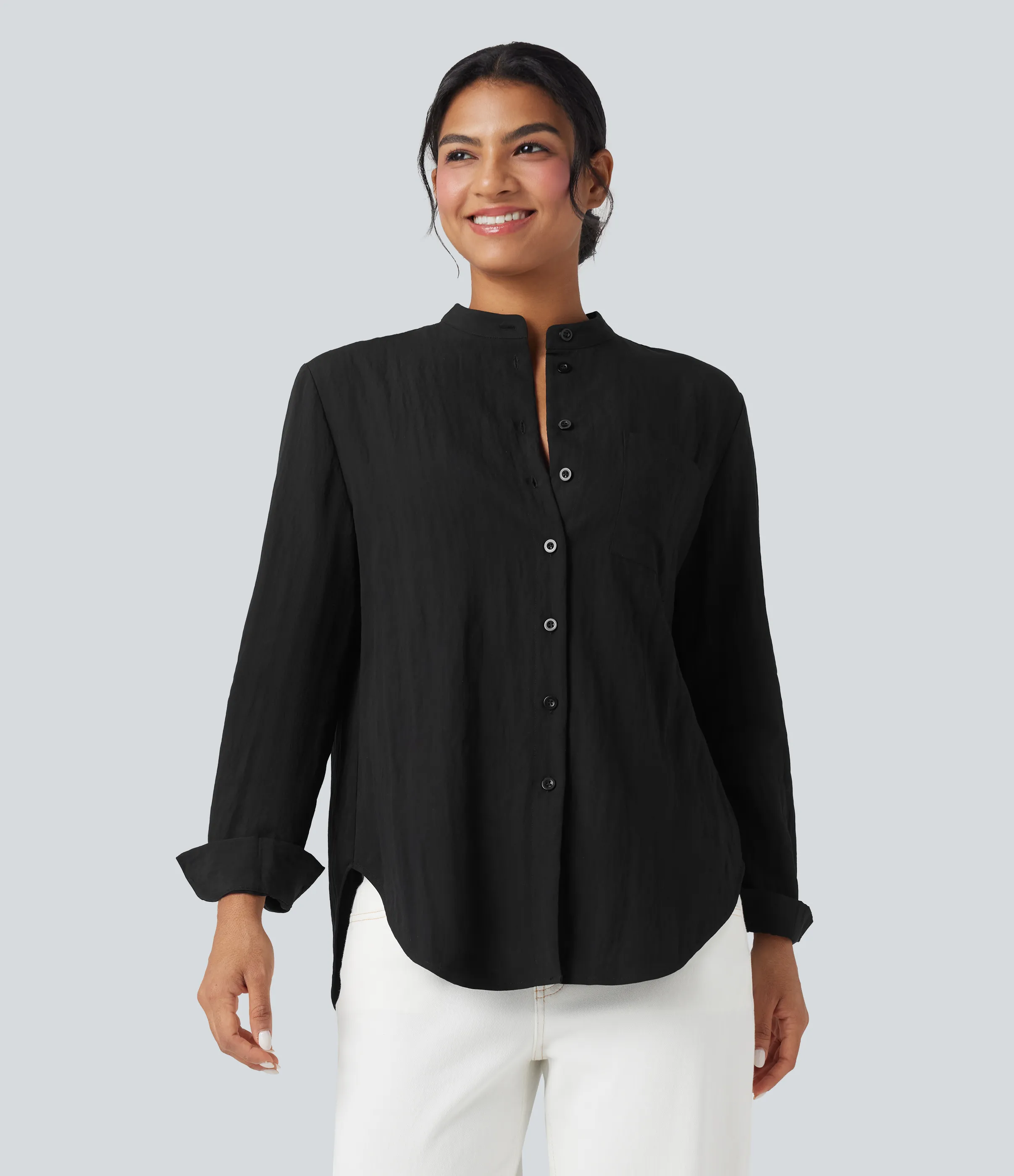 Halara Camisa casual de manga larga con dobladillo curvo y bolsillo - Black - L sold by Halara product image thumbnail 4