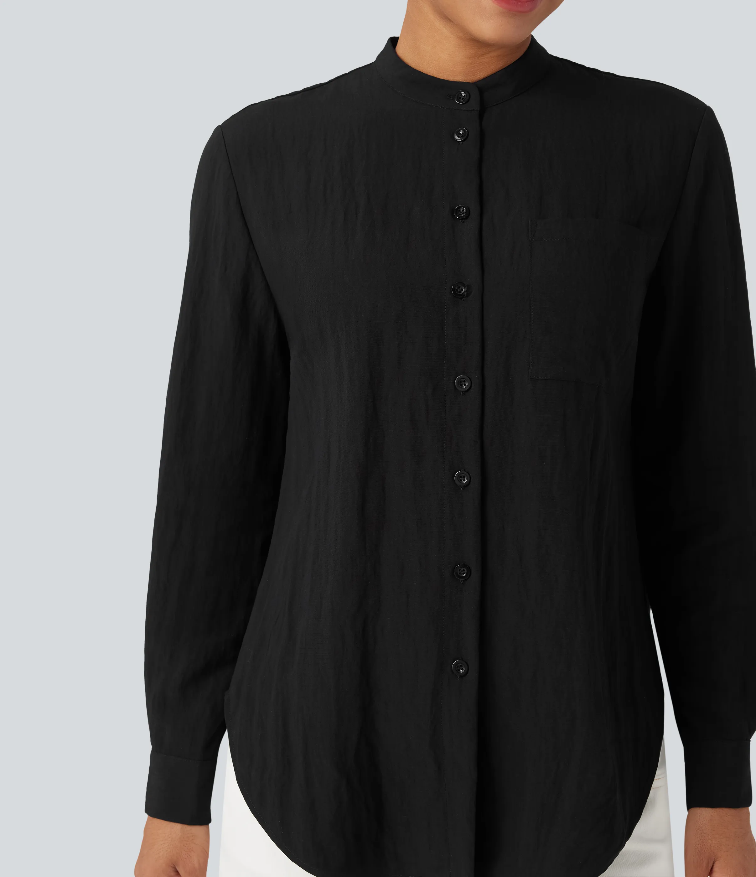 Halara Camisa casual de manga larga con dobladillo curvo y bolsillo - Black - L sold by Halara product image thumbnail 5