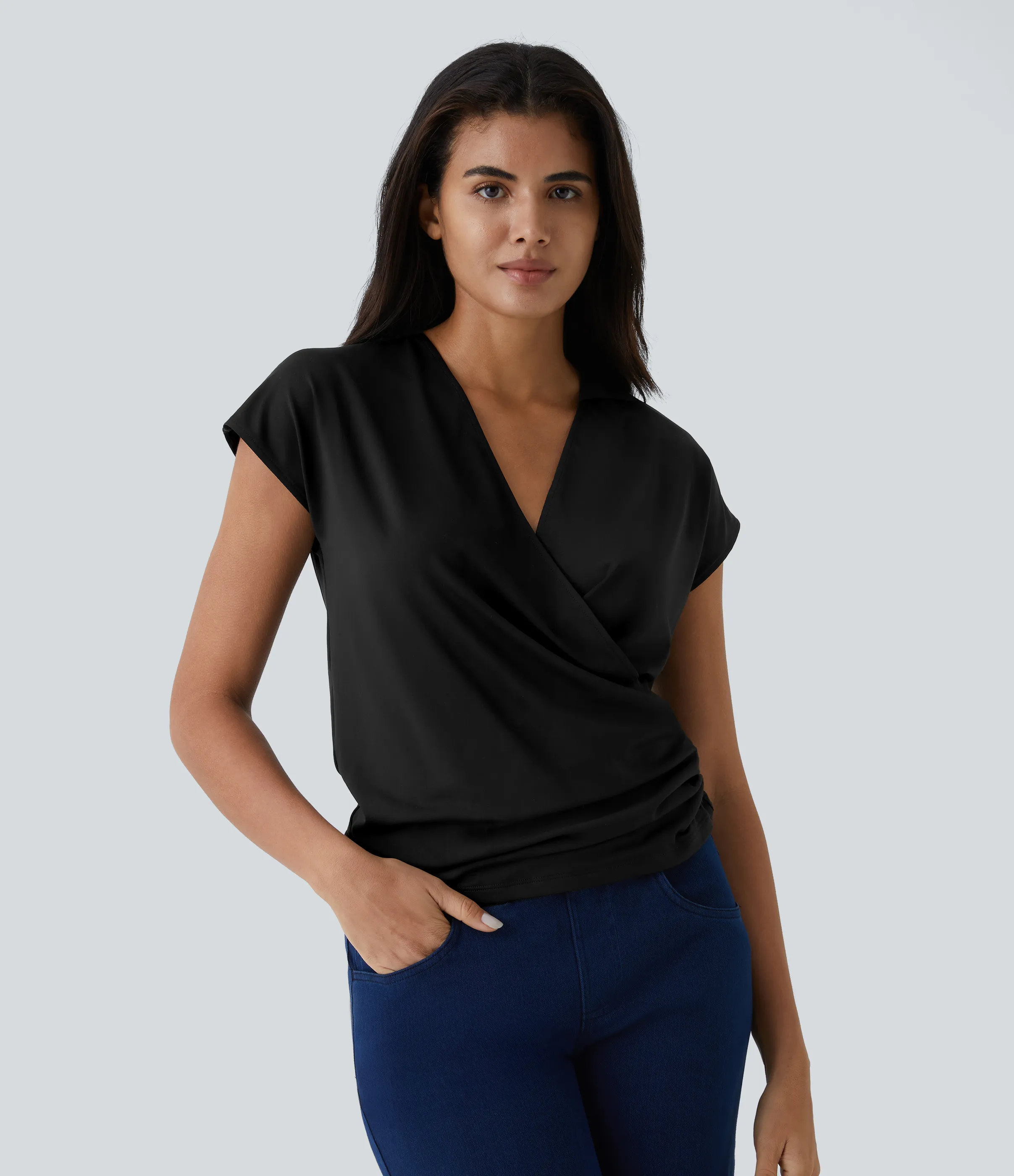 Halara Blusa oficina sólida pliegue cruzado manga japonesa cuello V - Black - M sold by Halara product image thumbnail 2