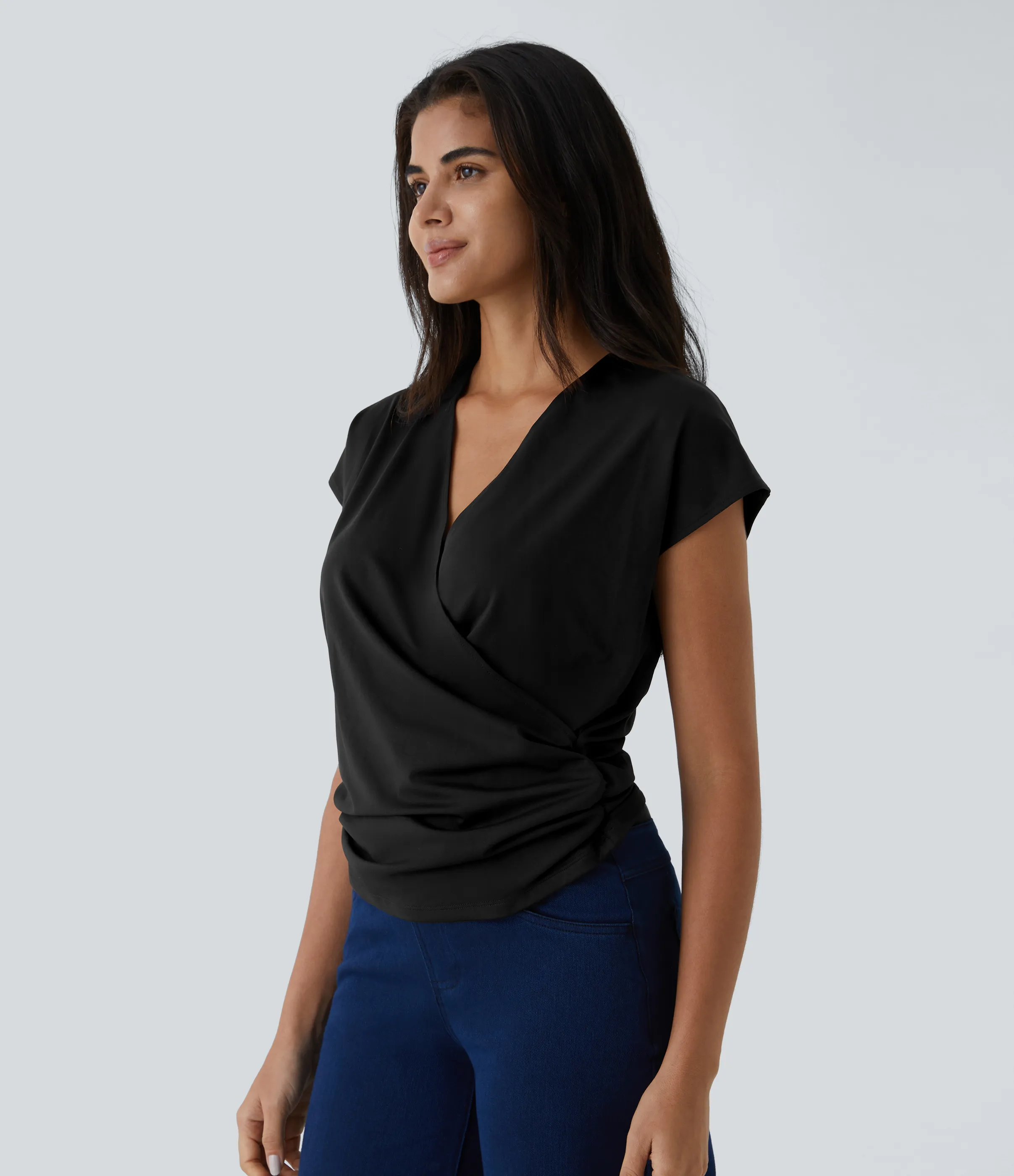 Halara Blusa oficina sólida pliegue cruzado manga japonesa cuello V - Black - M sold by Halara product image thumbnail 4