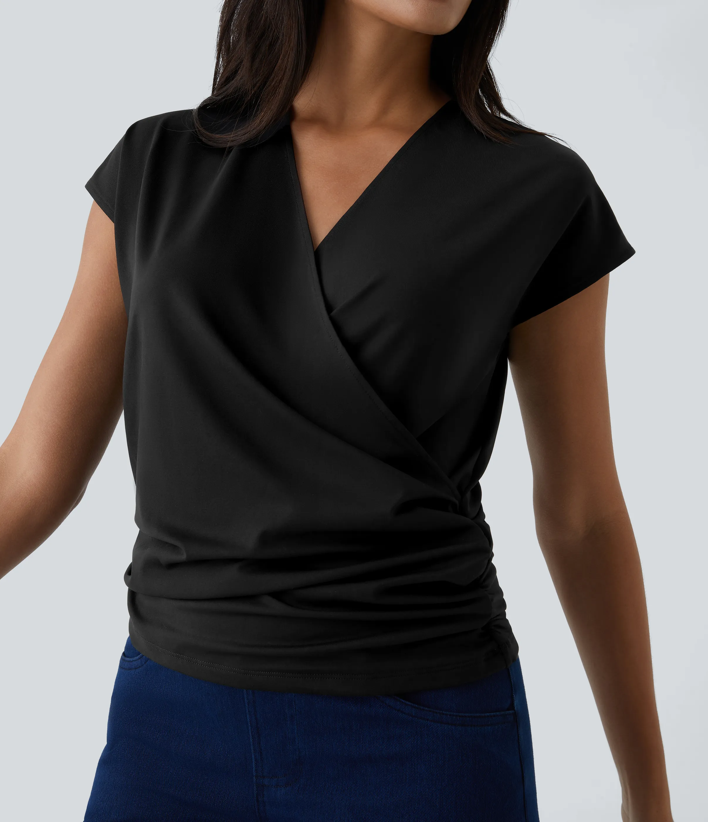 Halara Blusa oficina sólida pliegue cruzado manga japonesa cuello V - Black - M sold by Halara product image thumbnail 5