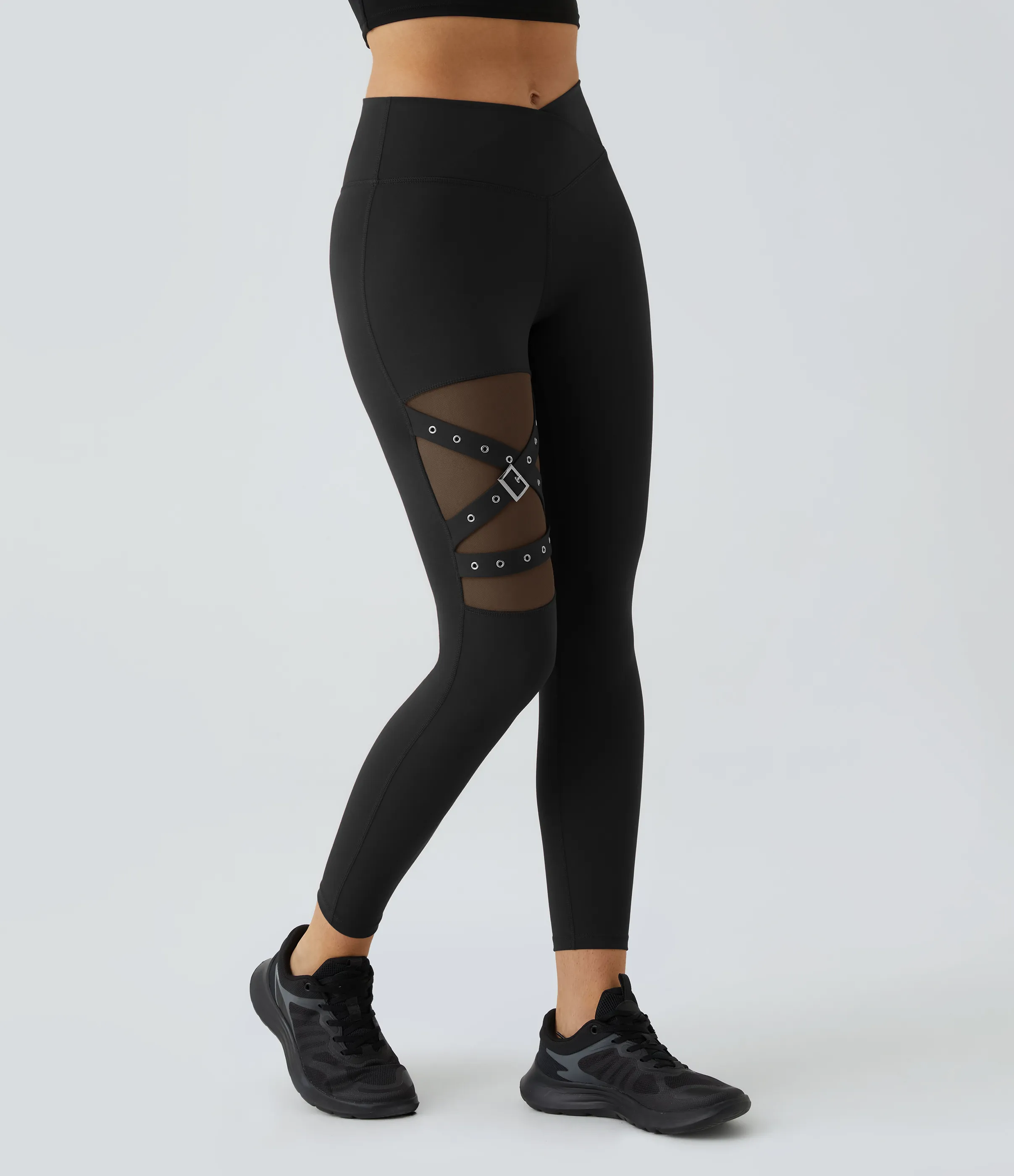 Halara Leggings yoga hebilla decorativa malla contrastante cruzada tiro alto - Black - S(7/8) sold by Halara product image thumbnail 4