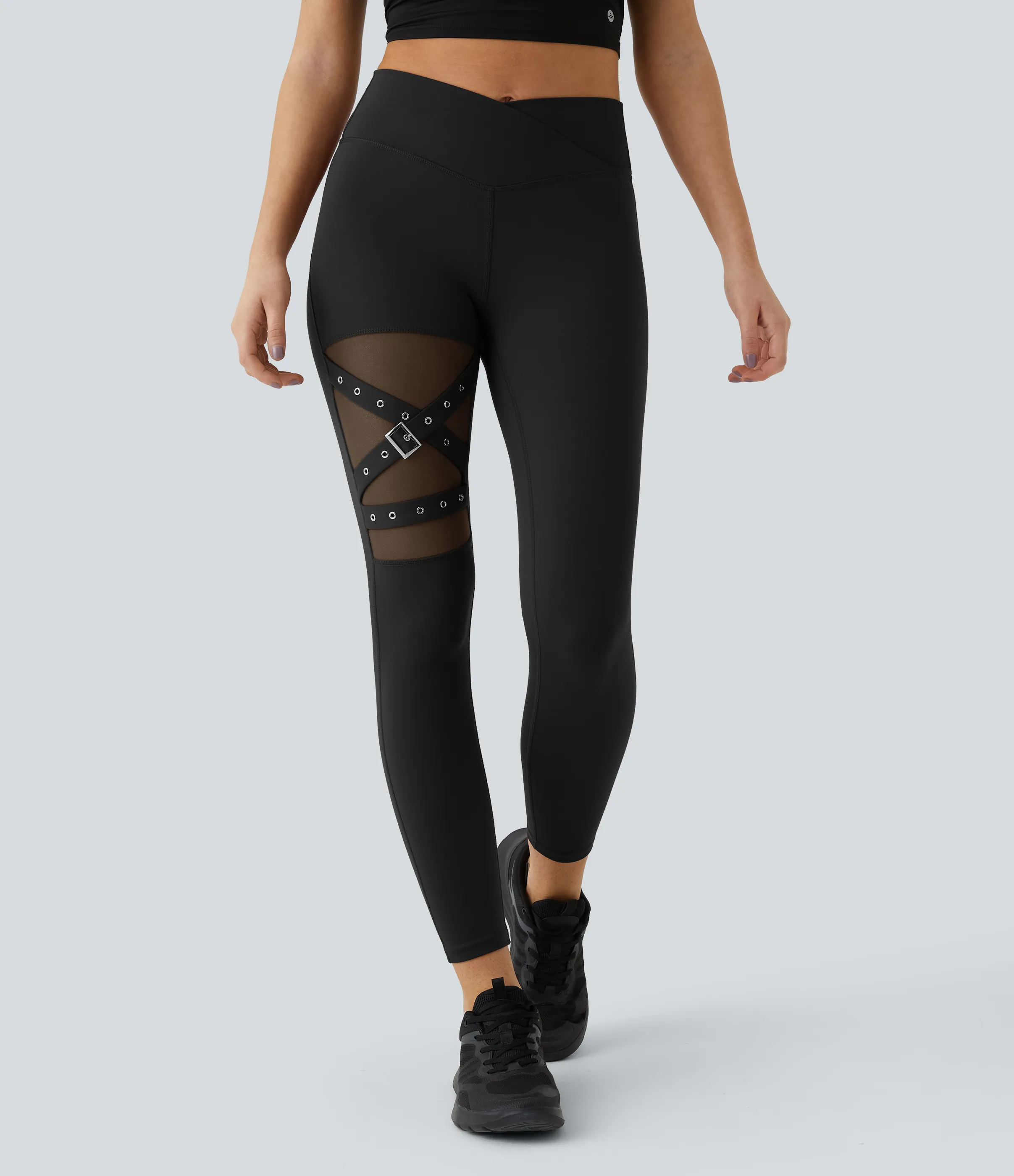 Halara Leggings yoga hebilla decorativa malla contrastante cruzada tiro alto - Black - XL(full_length) sold by Halara