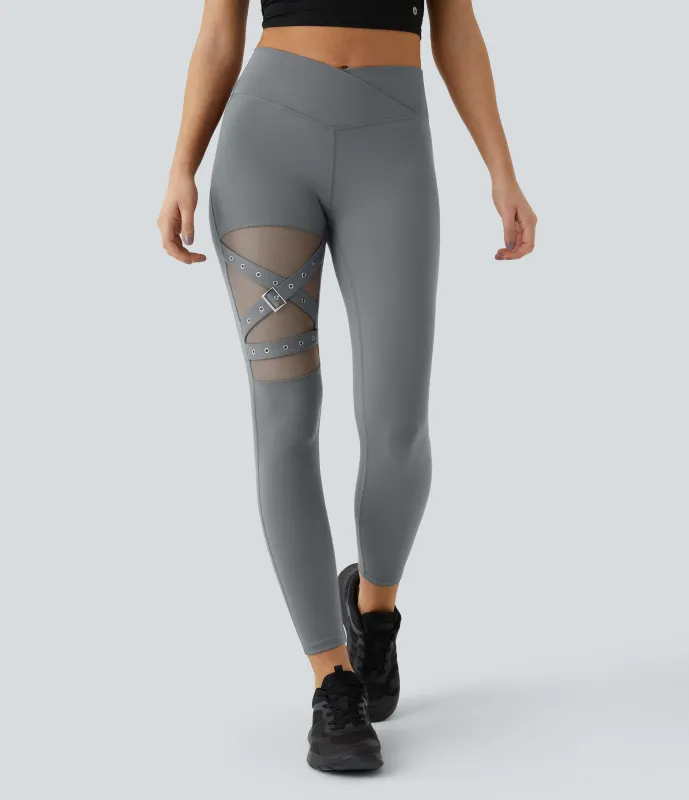 Halara Leggings yoga hebilla decorativa malla contrastante cruzada tiro alto - Brick Gray - M(7/8) sold by Halara