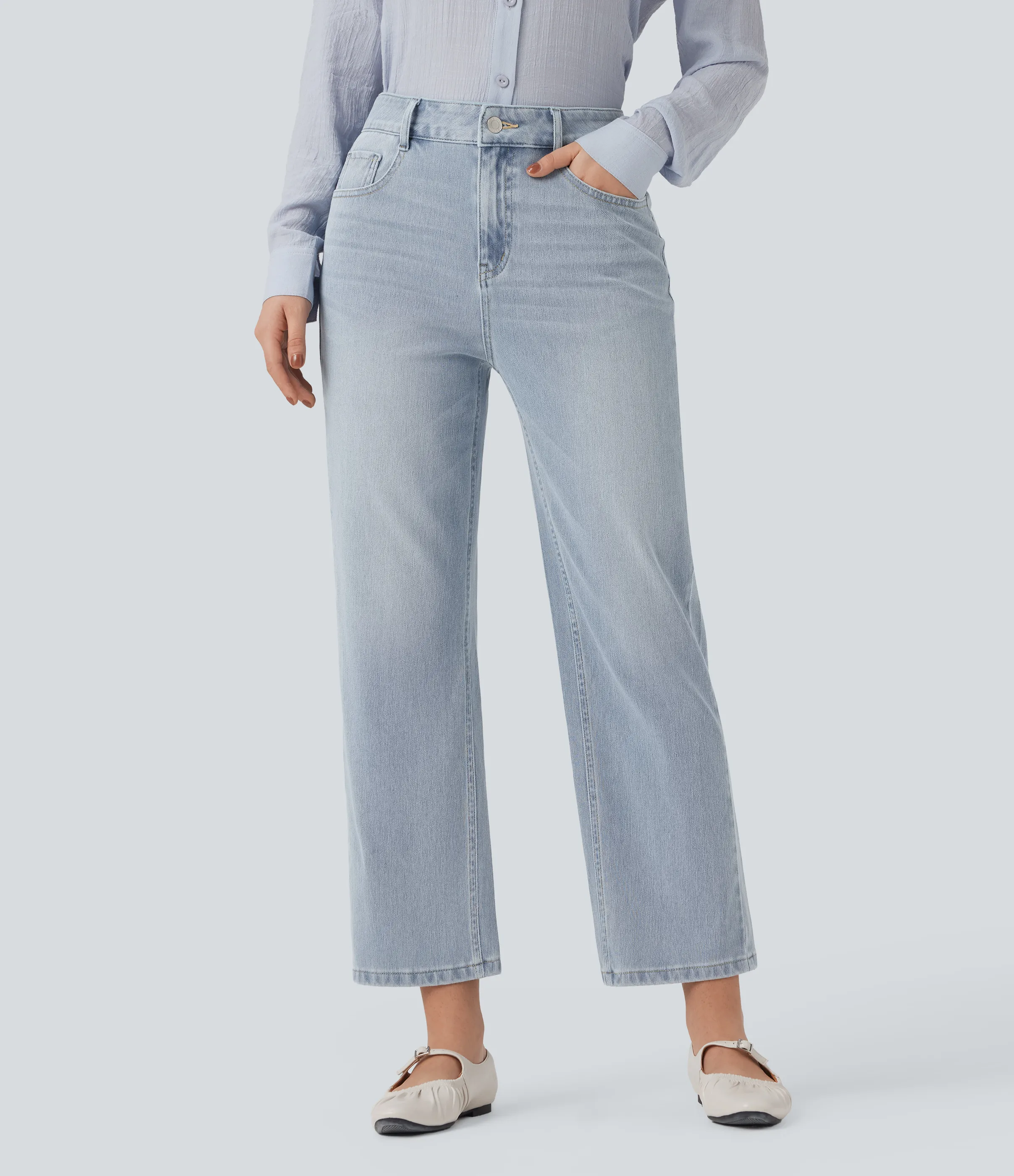 Halara Jeans casuales rectos Halara Flex™ de tiro alto lavado con bolsillos - Baltic Sea Blue Denim - XL(regular) sold by Halara