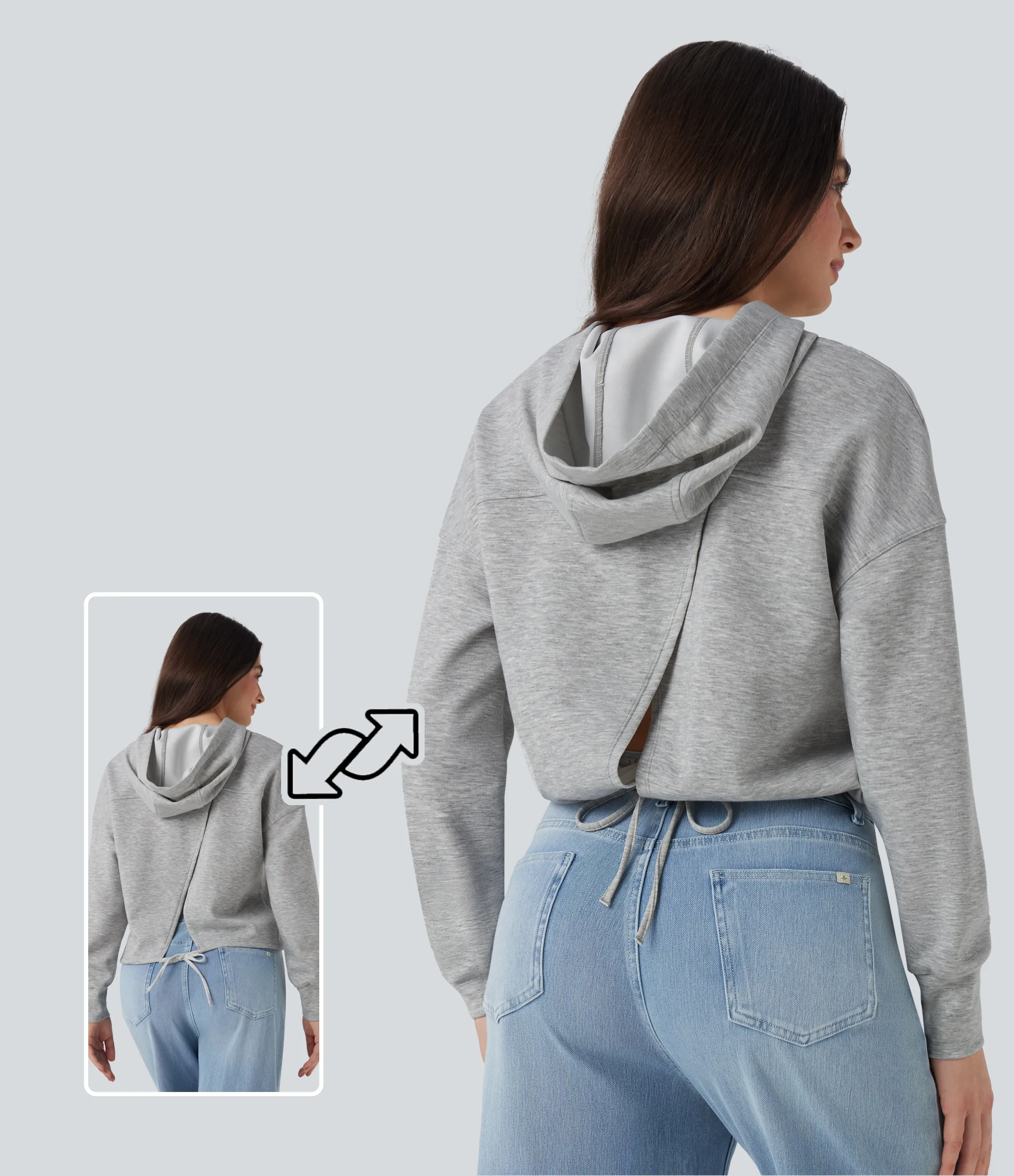 Halara Sudadera casual con capucha de manga larga con hombros caídos, abertura en la espalda y lazo - Fog Gray - XL sold by Halara product image thumbnail 2