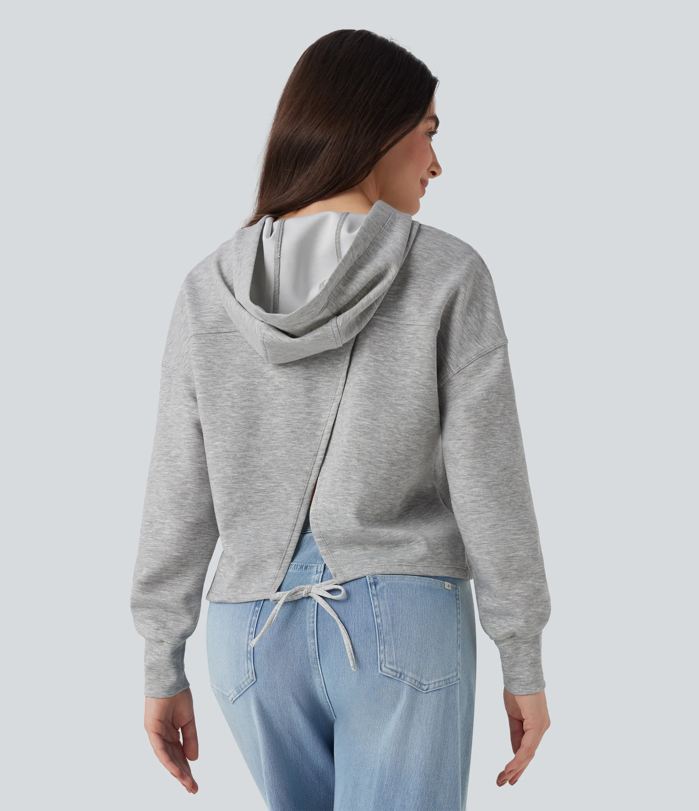 Halara Sudadera casual con capucha de manga larga con hombros caídos, abertura en la espalda y lazo - Fog Gray - XL sold by Halara product image thumbnail 5