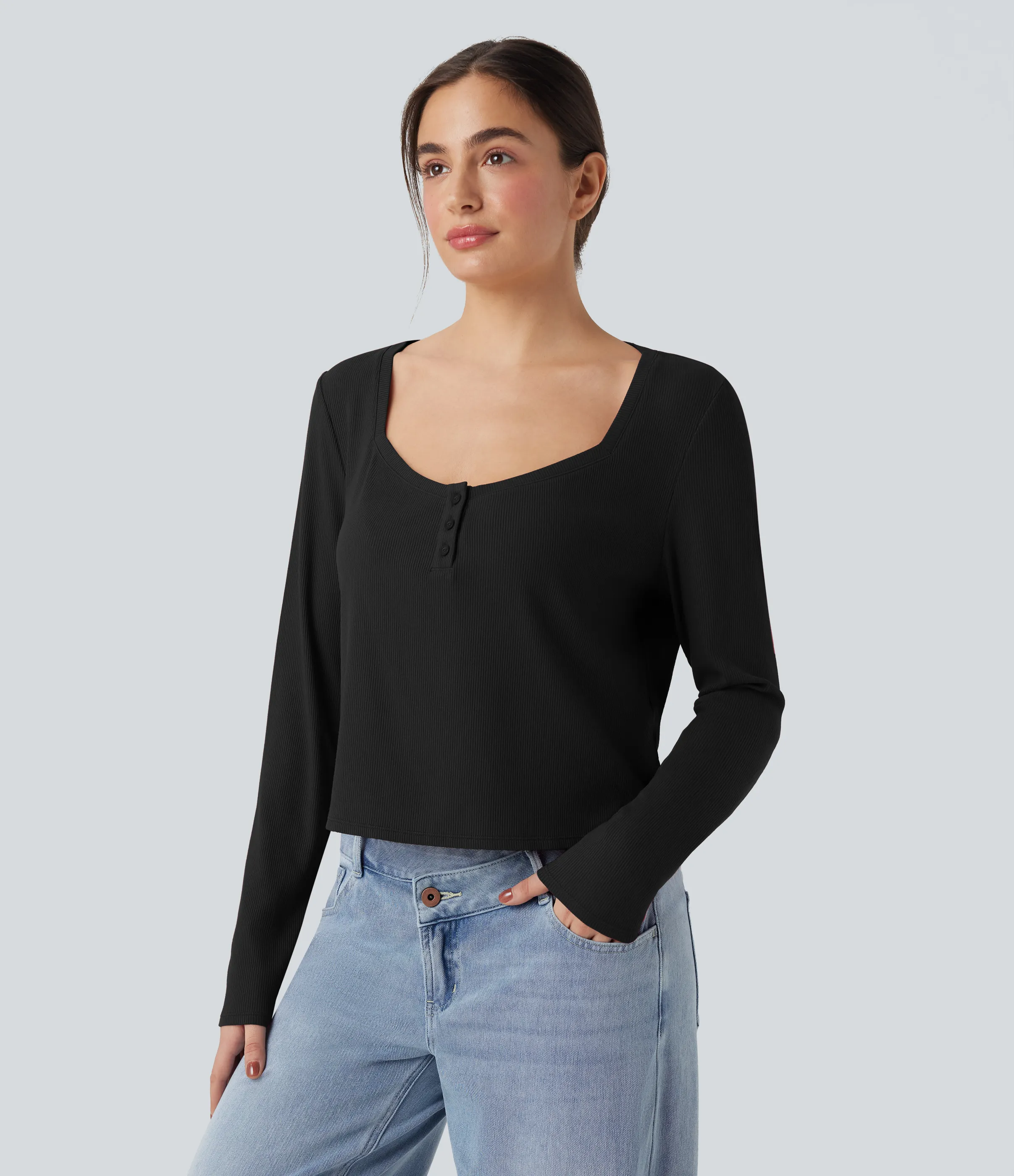 Halara Top casual de manga larga con cuello henley y punto acanalado - Black - XS sold by Halara