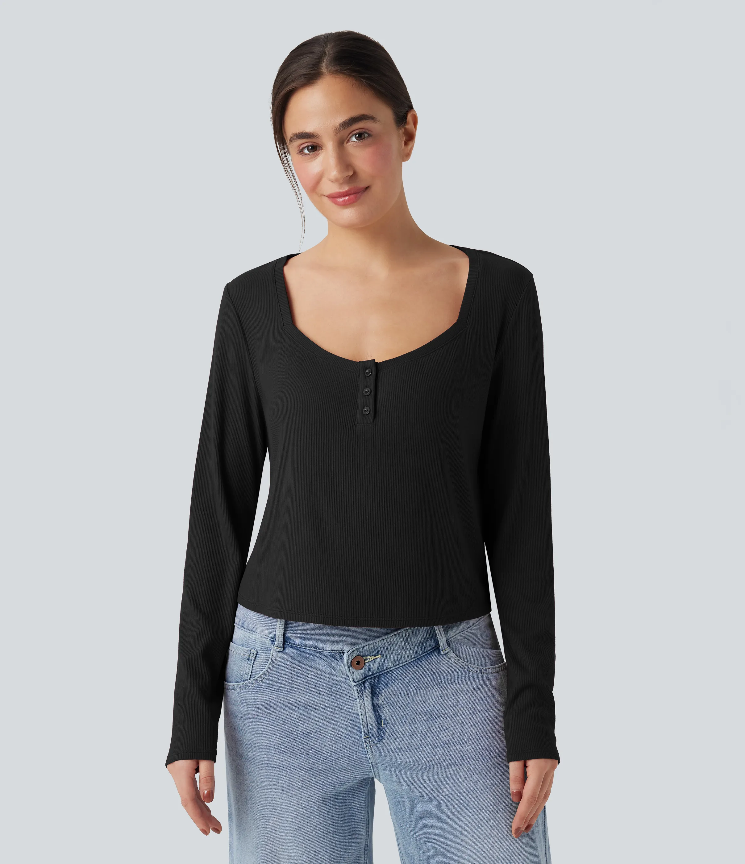 Halara Top casual de manga larga con cuello henley y punto acanalado - Black - XS sold by Halara product image thumbnail 4