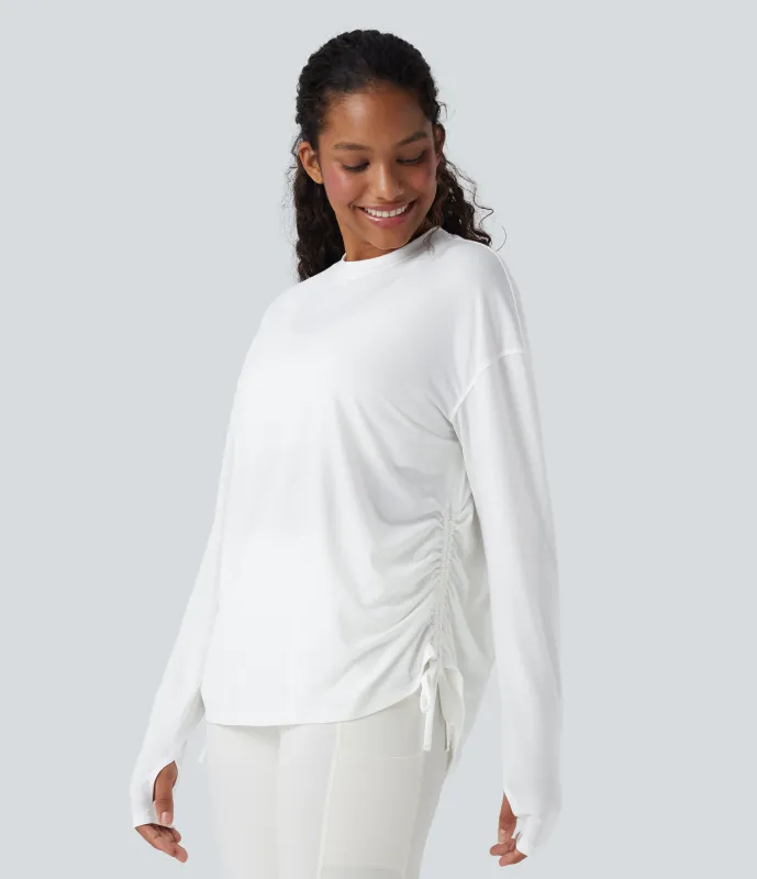 Halara Top deportivo de yoga de manga larga con secado rápido, cuello redondo y abertura para el pulgar con cordón ajustable - White - L sold by Halara