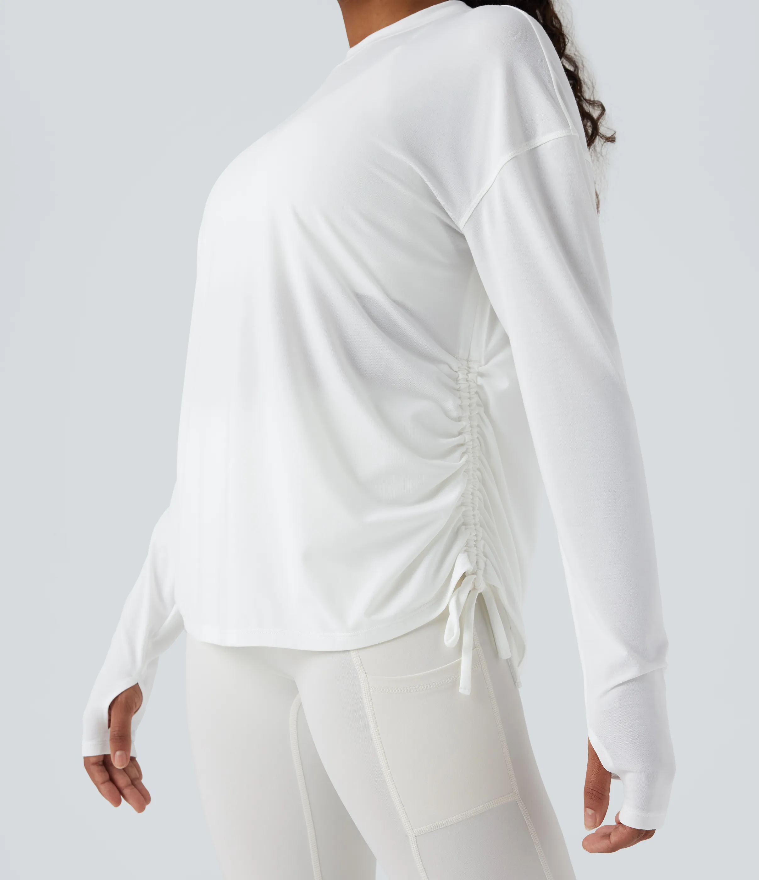 Halara Top deportivo de yoga de manga larga con secado rápido, cuello redondo y abertura para el pulgar con cordón ajustable - White - L sold by Halara product image thumbnail 5