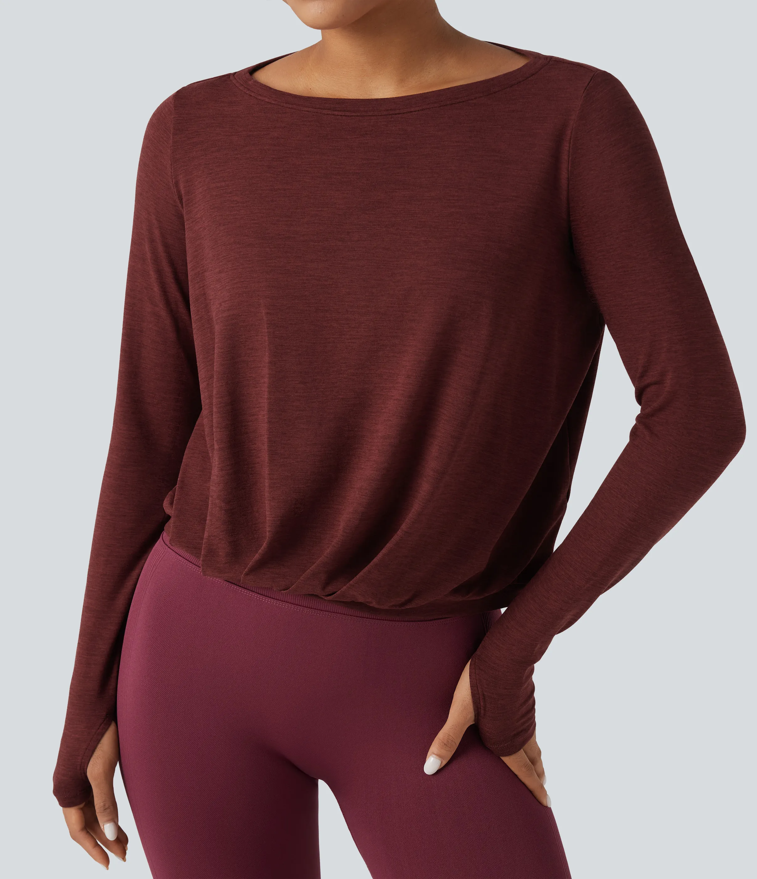 Halara Top deportivo de yoga con cuello barco fruncido y aberturas para los pulgares - Mottled Sandalwood Red - S sold by Halara product image thumbnail 5