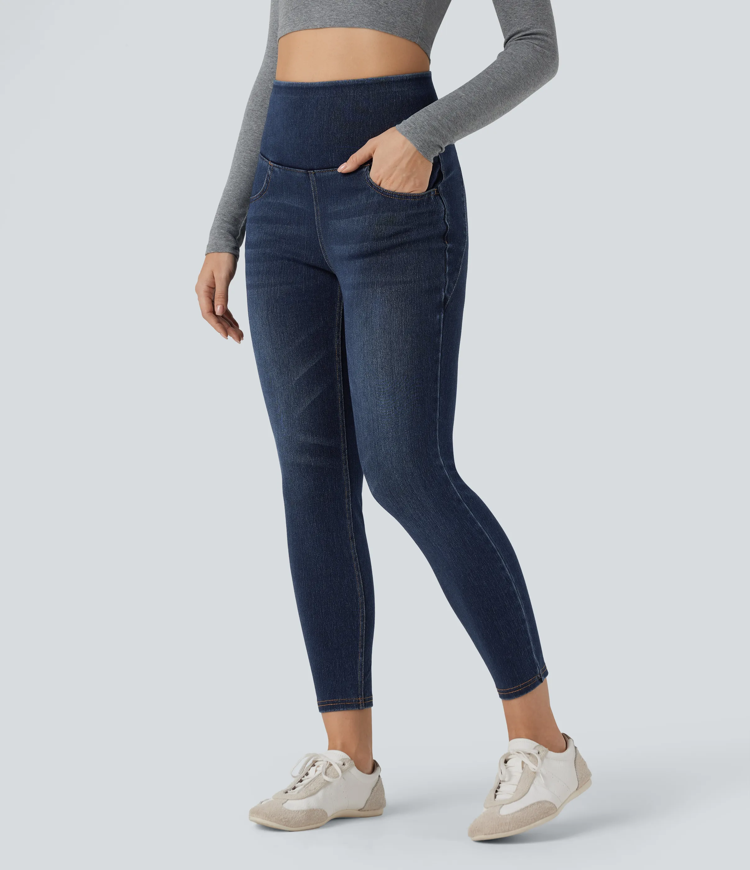 Halara Jeans casuales Halara Flex™ ajustados de 7/8 con tiro alto cruzado con bolsillos - Pageant Blue Denim - L(regular) sold by Halara product image thumbnail 4