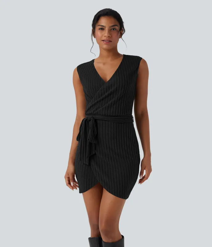 Halara Vestido mini casual ajustado y cruzado sin mangas con cinturón de punto acanalado - Black - XL sold by Halara