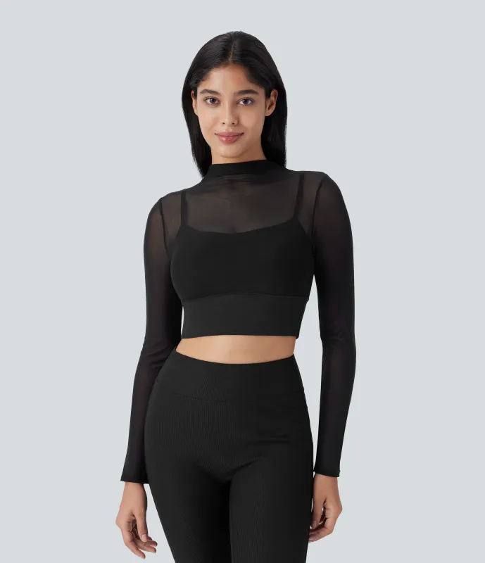 Halara Top deportivo yoga 2 en 1 manga larga malla contrastante - Black - M sold by Halara